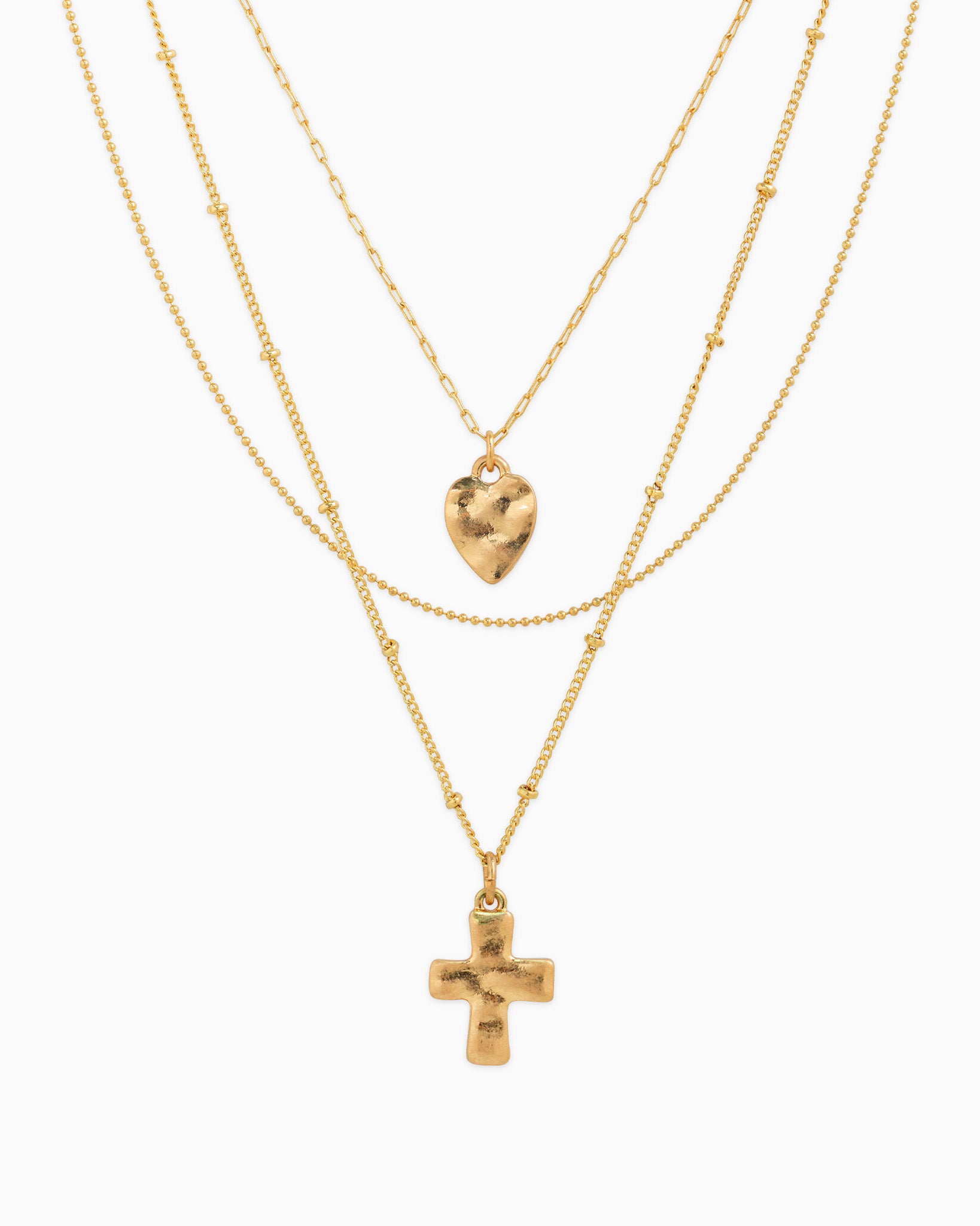 Hammered Heart & Cross 3 Layered Necklace