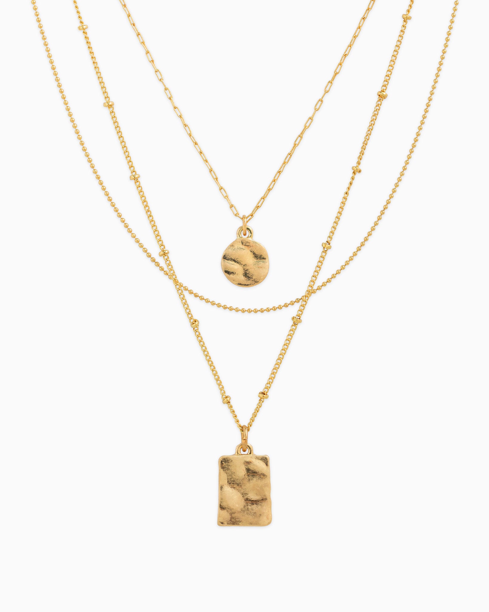 Hammered Coin & Rectangle 3 Layered Necklace