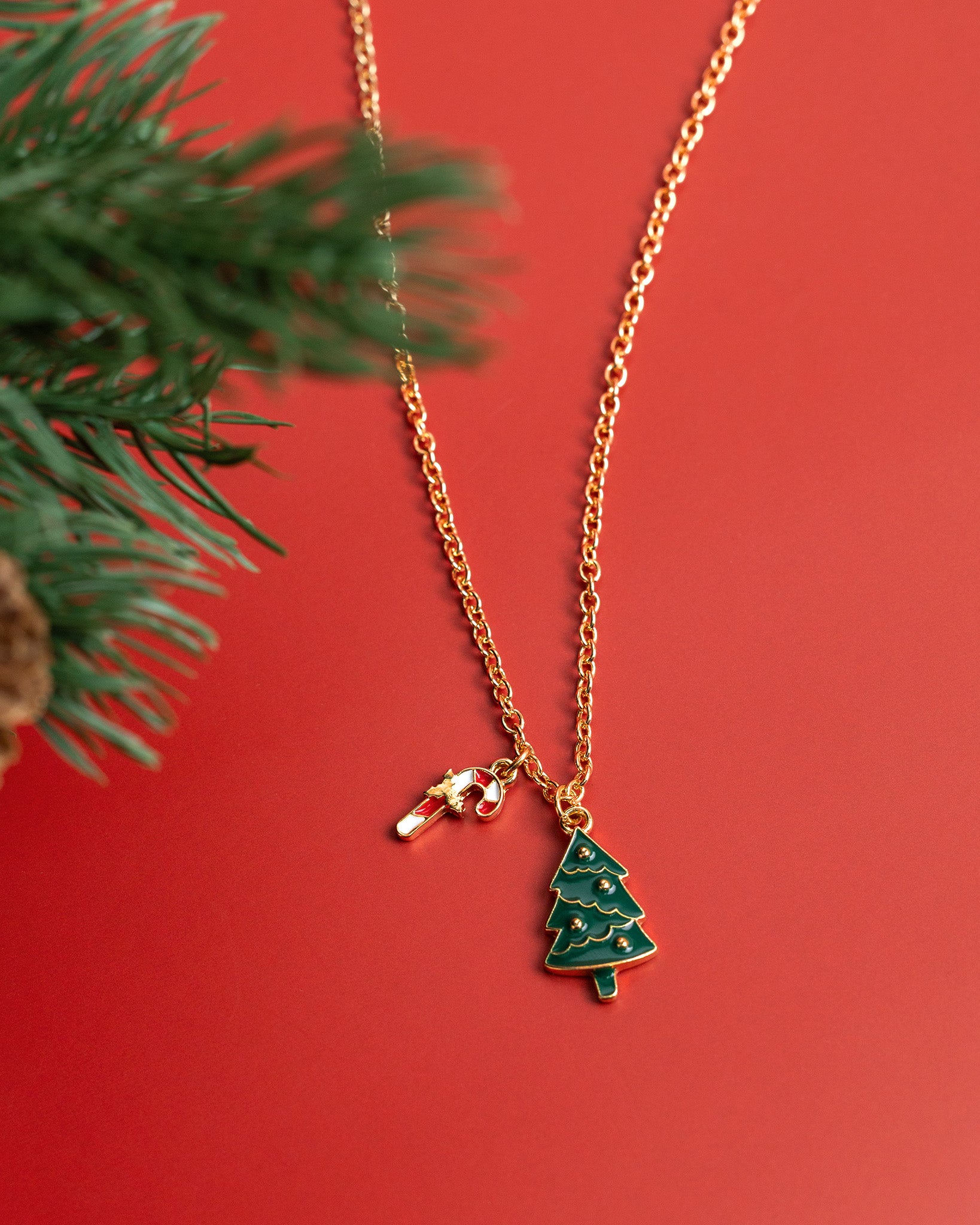 Festive Christmas Tree & Candy Cane Dangle Necklace