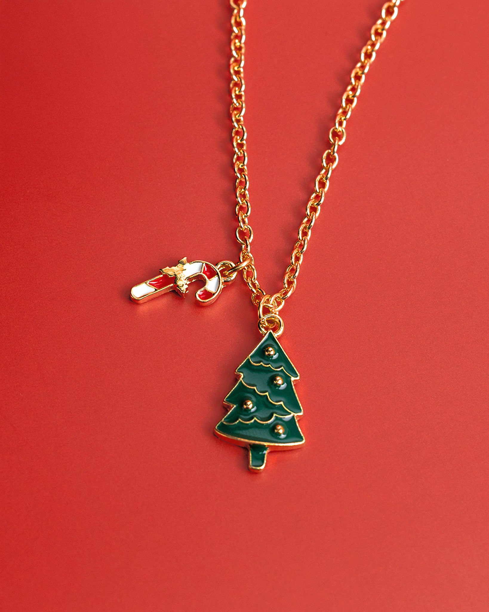 Festive Christmas Tree & Candy Cane Dangle Necklace