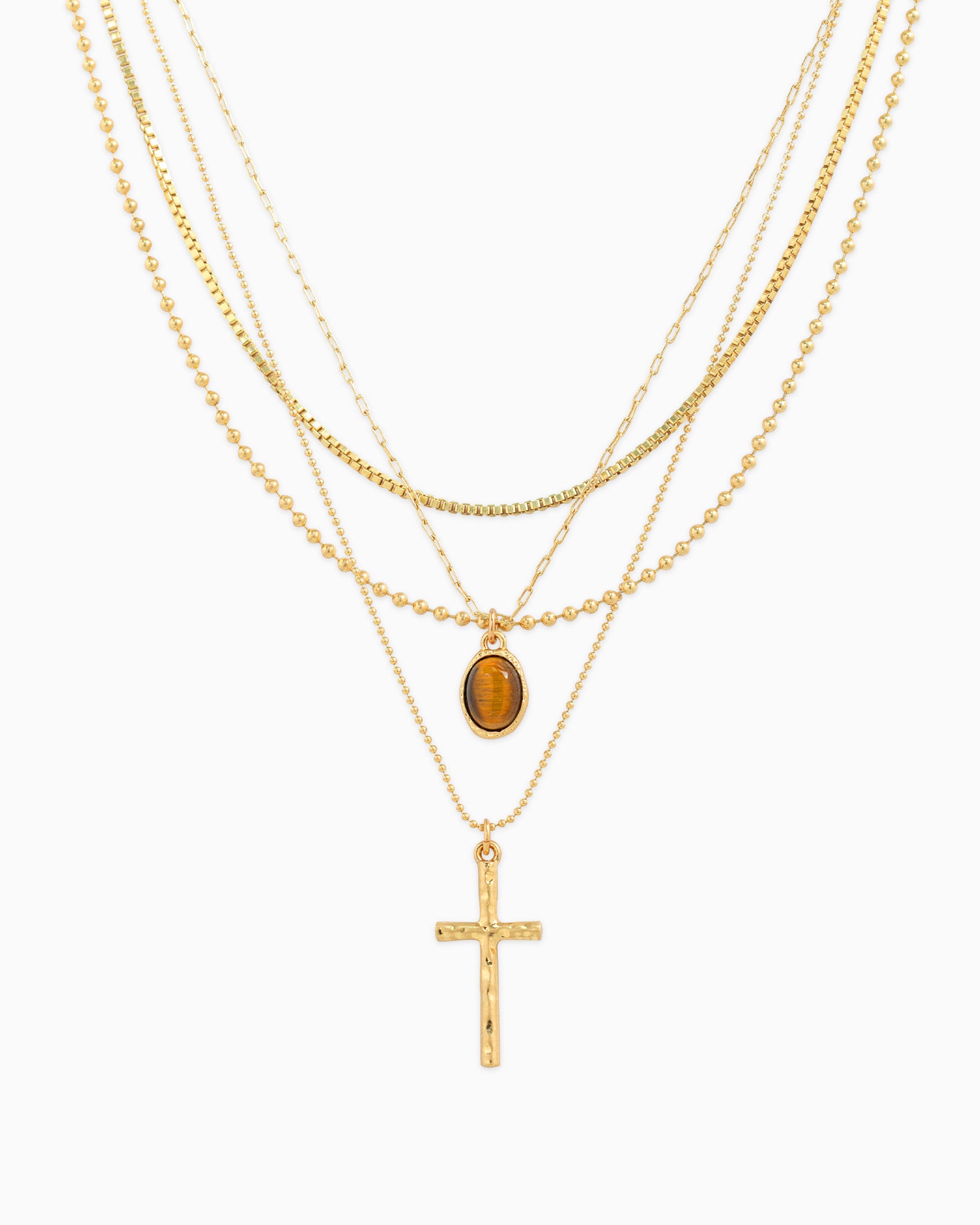4 Layered Tiger's Eye Cross Necklace