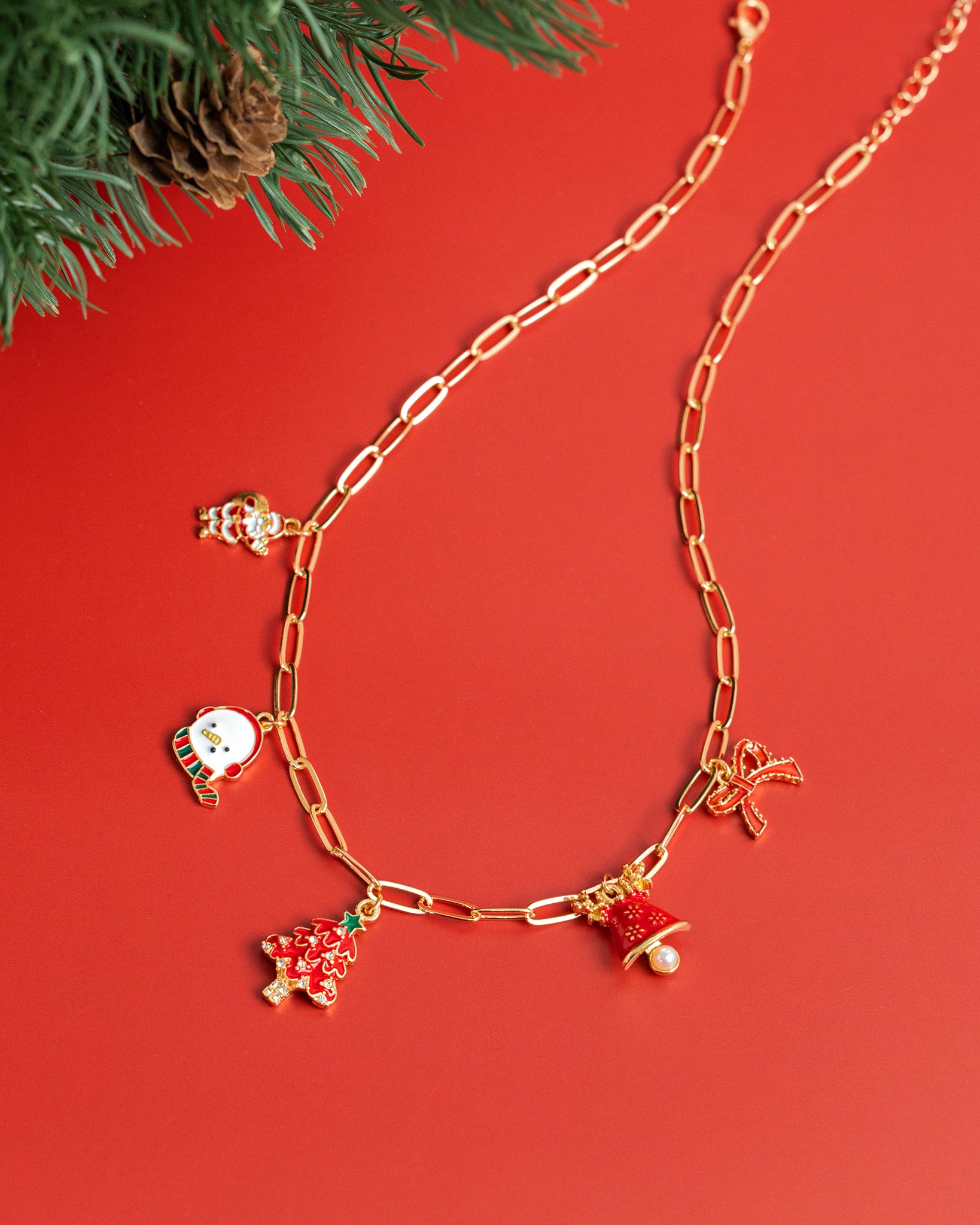 Red Santa & Snowman Christmas Charm Link Necklace