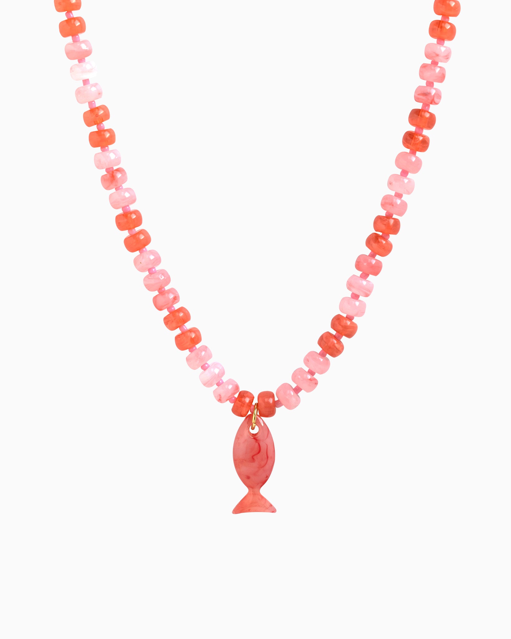 Necklace with pink and red beaded chain and fish-shaped pendant 