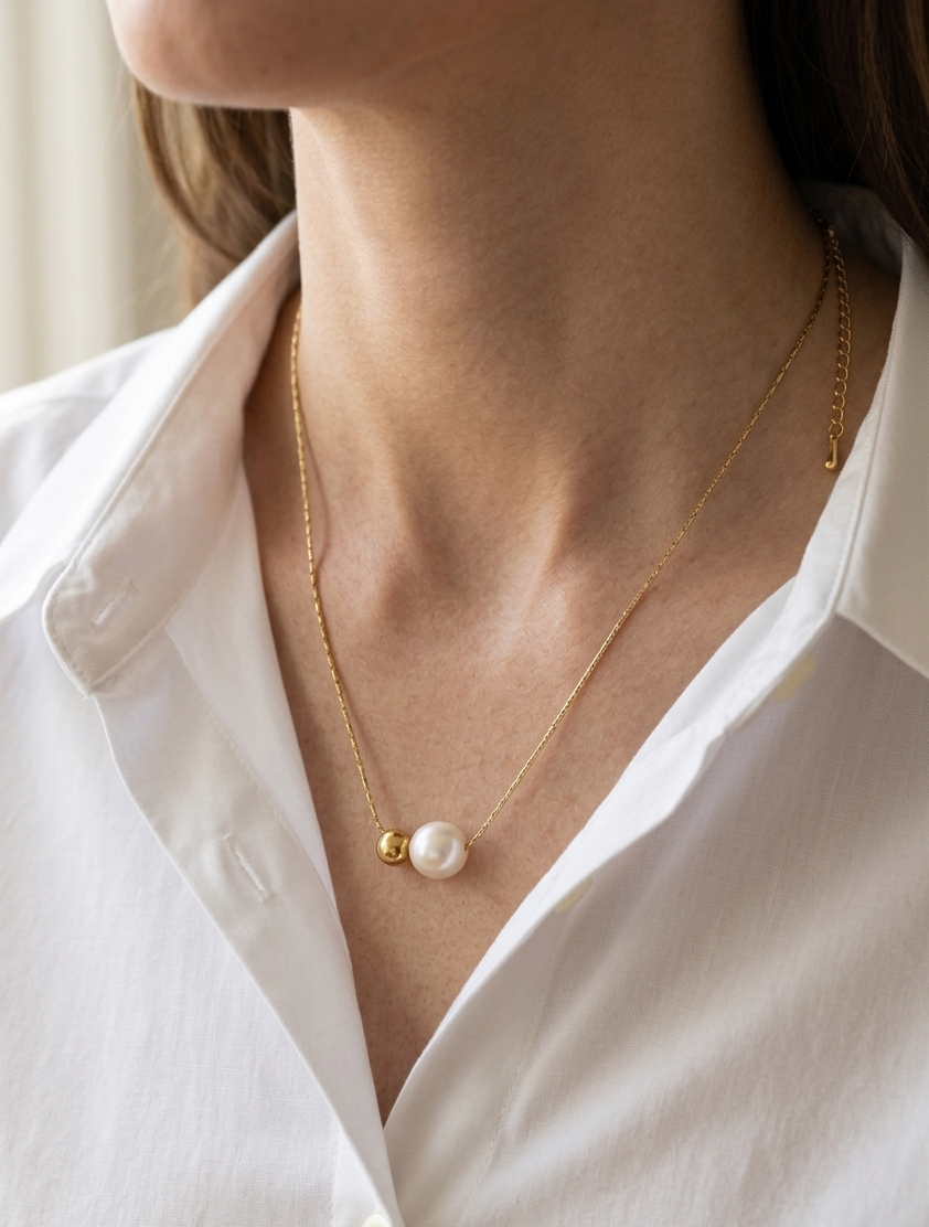 Stainless Minimalist Pearl Duo Necklace