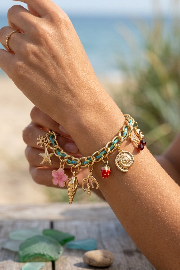 Summer Breeze Gold Charm With Shells Fruits Bracelet