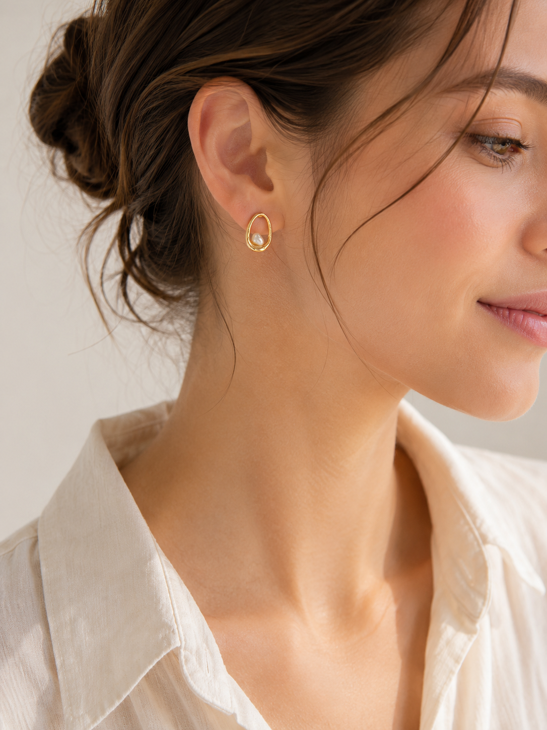Organic Open Oval Freshwater Pearl Stud Earrings-2