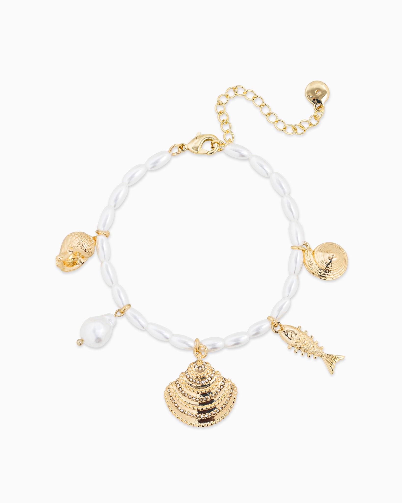 Gold Sea Life Charm Pearl Bead Bracelet