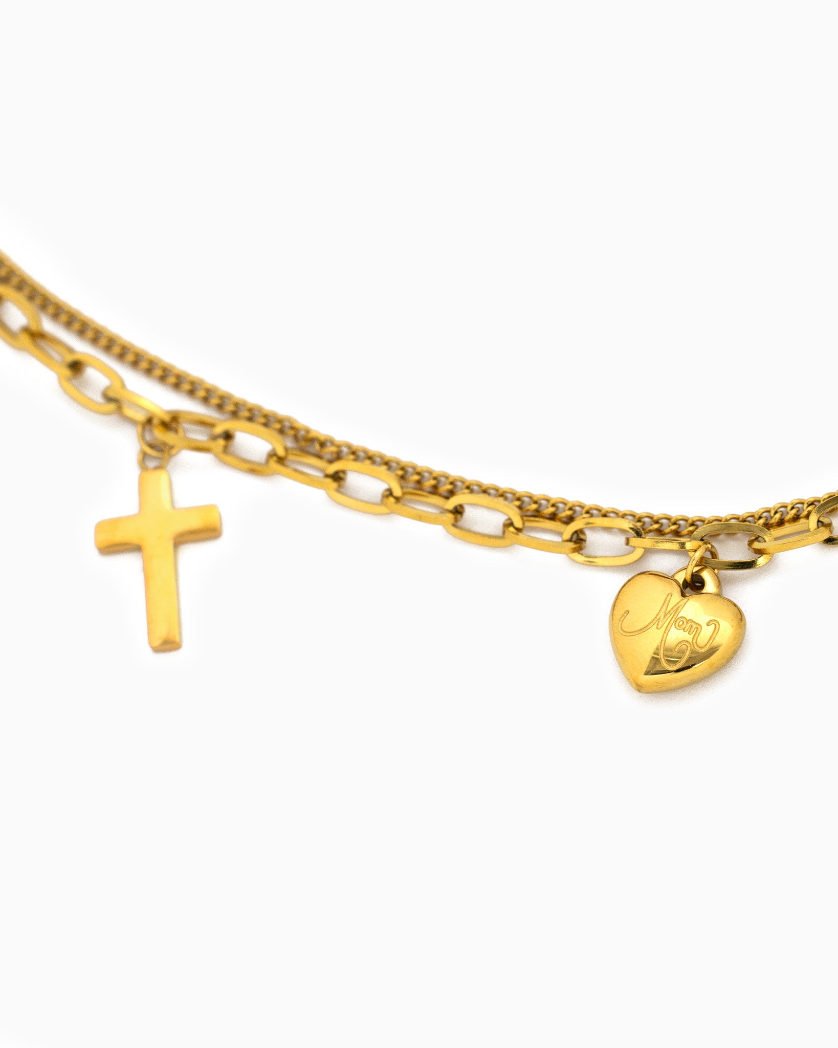 Stainless Layered MAMA Heart Cross Bracelet