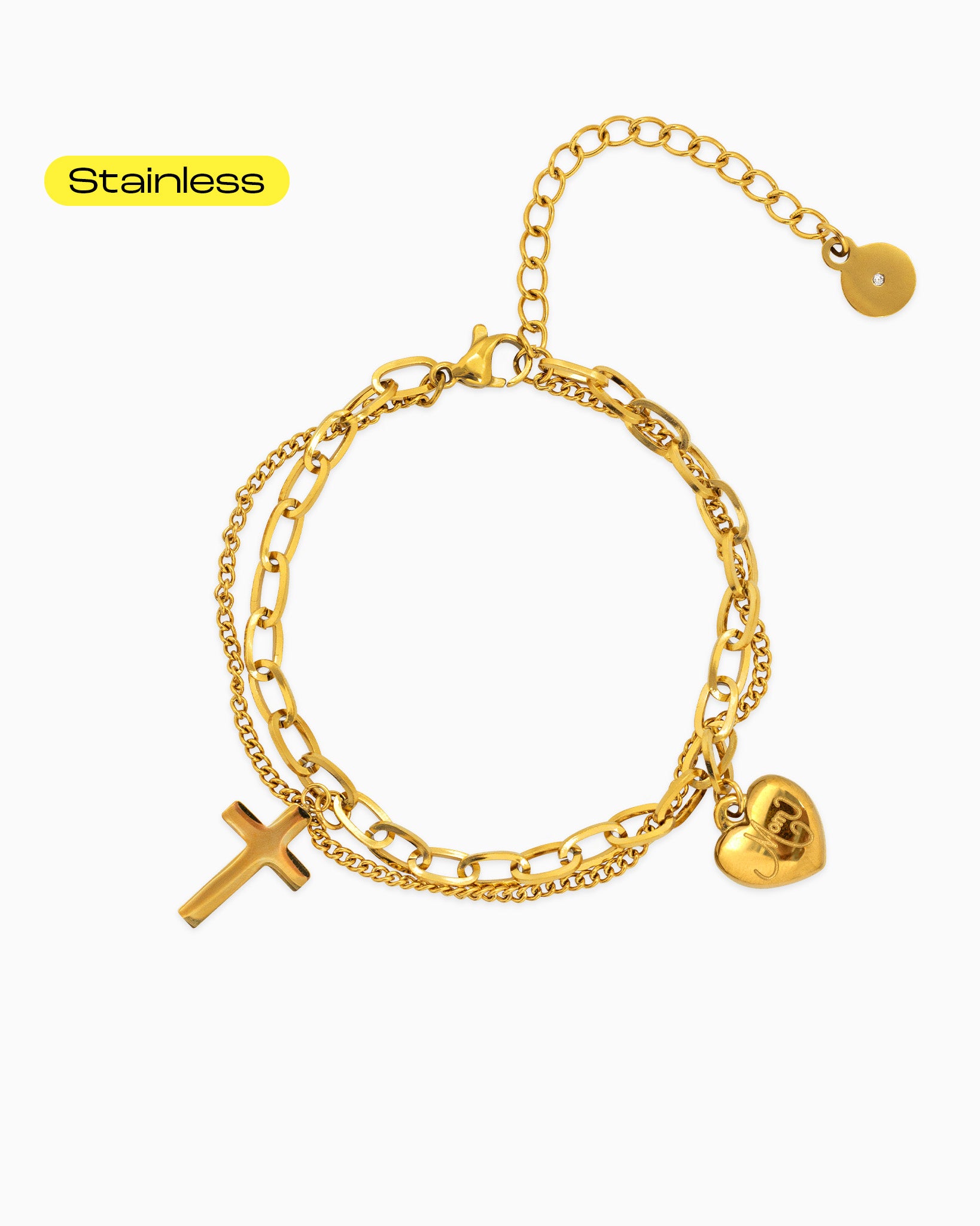 Stainless Layered MAMA Heart Cross Bracelet