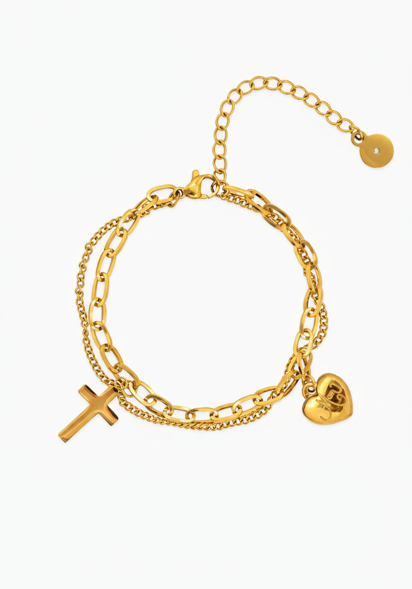 Stainless Layered MAMA Heart Cross Bracelet