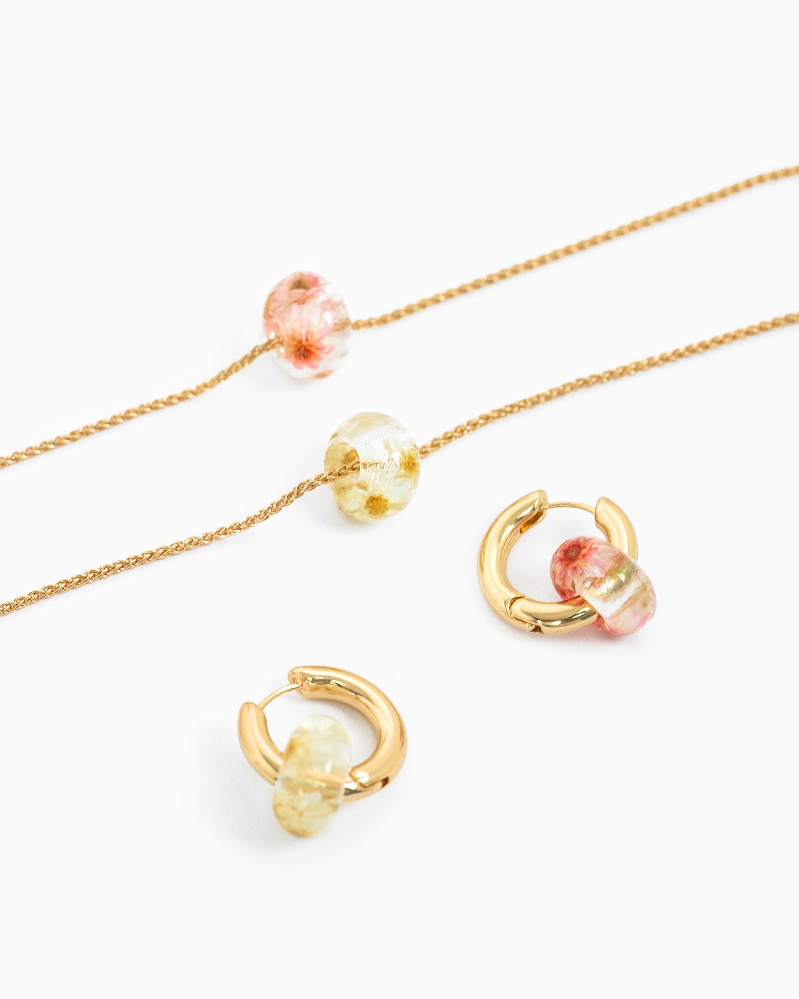 Pressed Flower Disk Rondelle Hoop Earrings-3