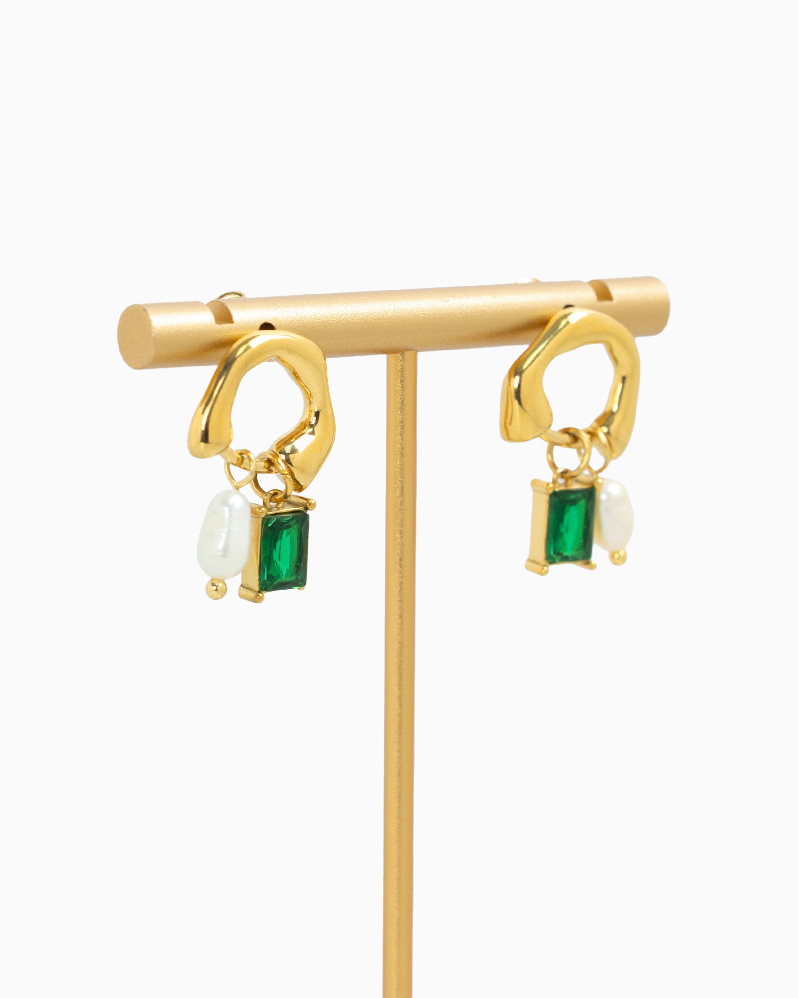 Stainless Sculpted Emerald Stone Drop Earrings