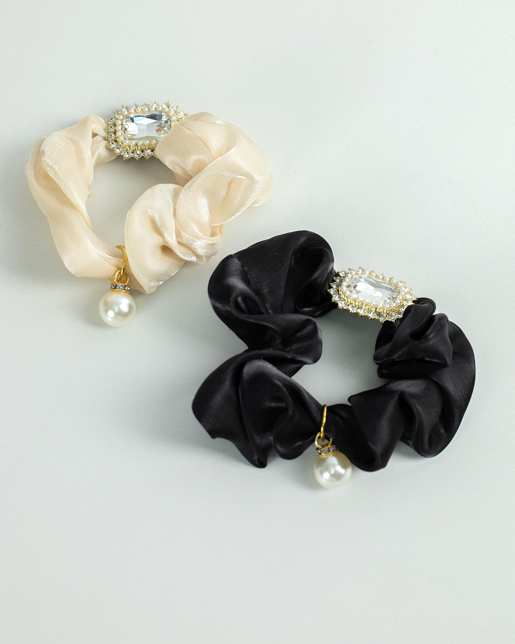 Crystal Pearl Accent Satin Scrunchie-3