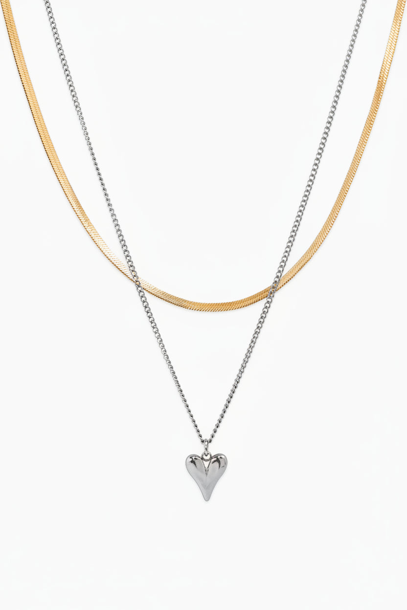 Stainless Layered Snake Chain Heart Necklace