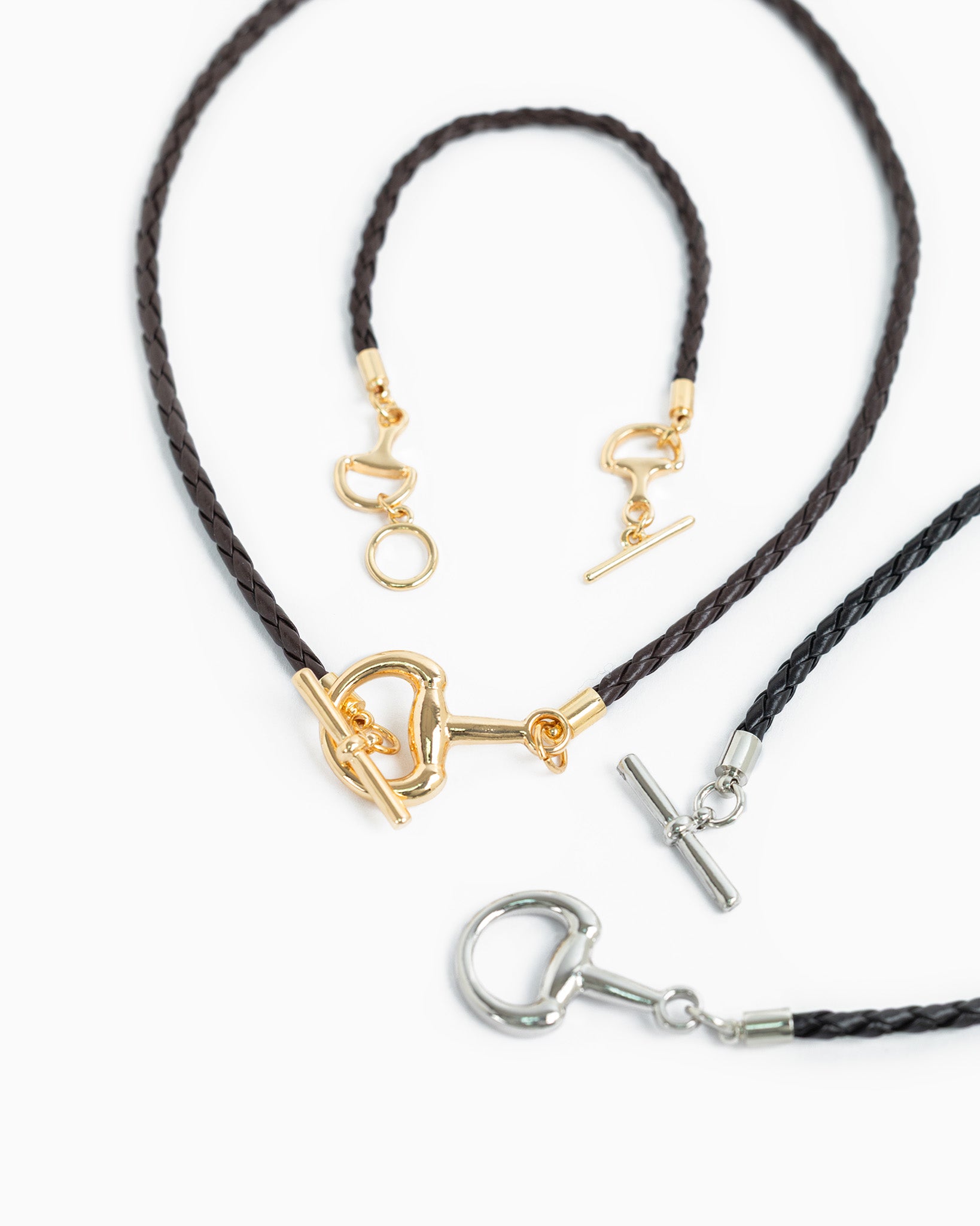 Horsebit Toggle Braided Leather Cord Necklace-3