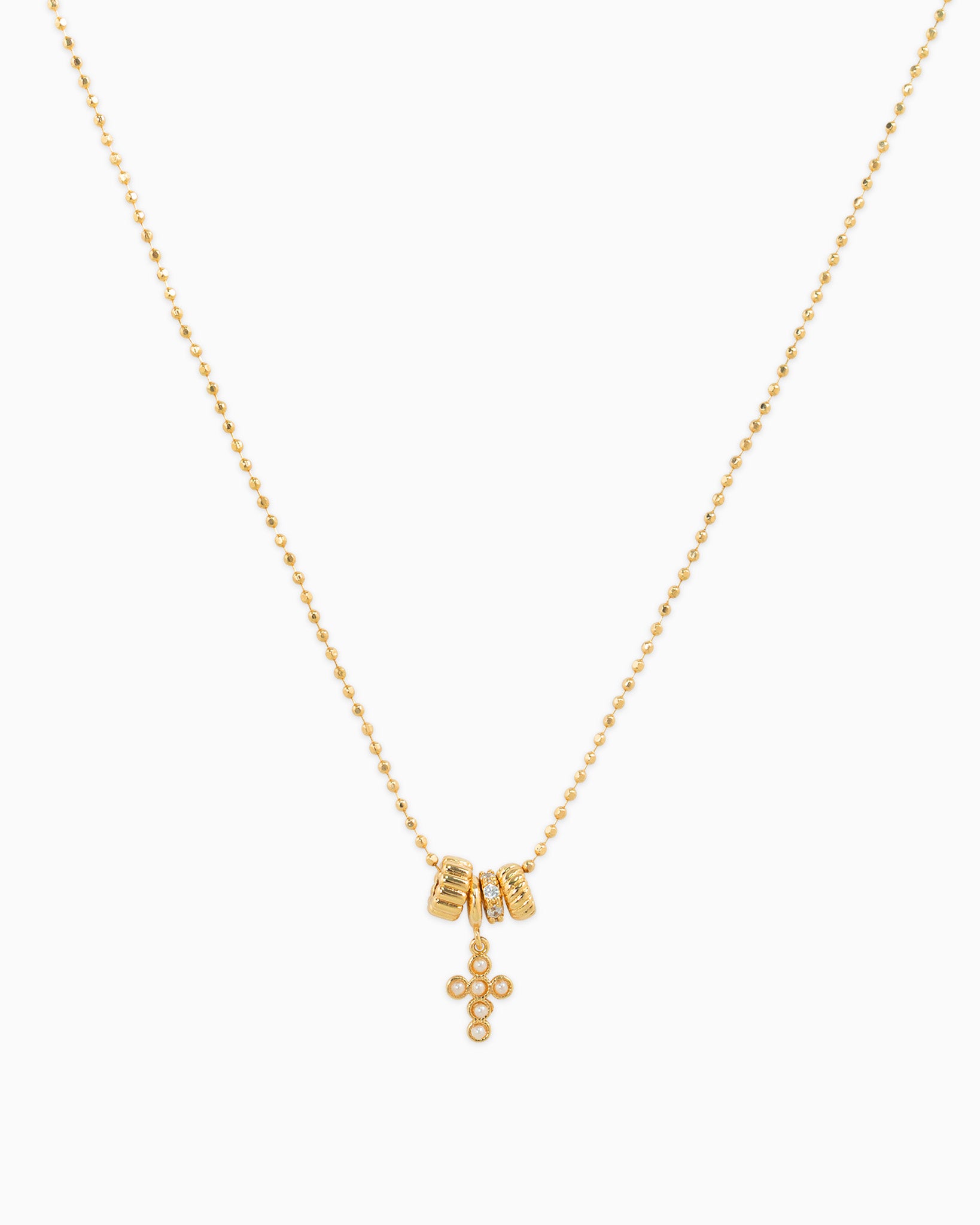 Rondelle Charm CZ Pearl Cross Pendant Necklace