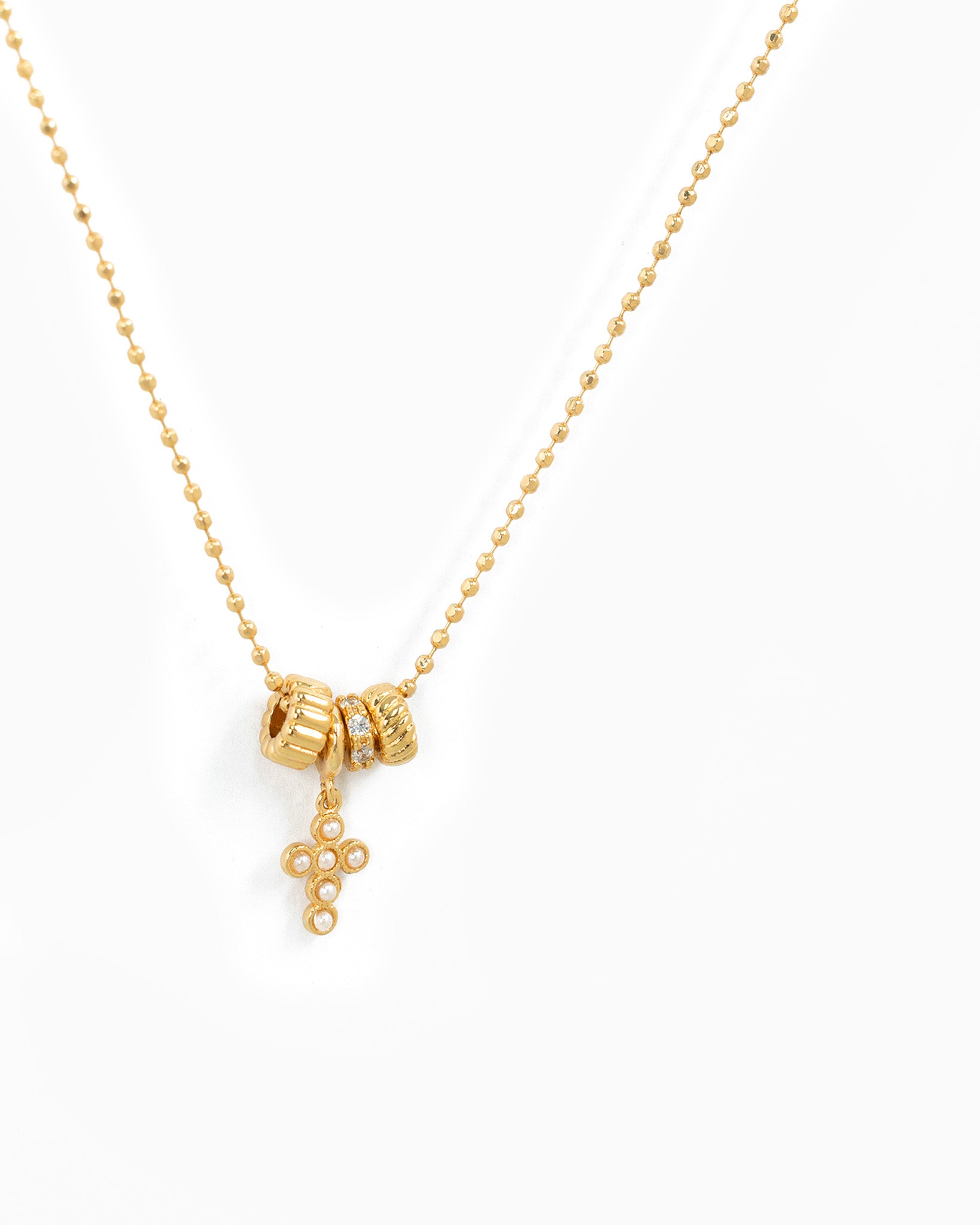 Rondelle Charm CZ Pearl Cross Pendant Necklace