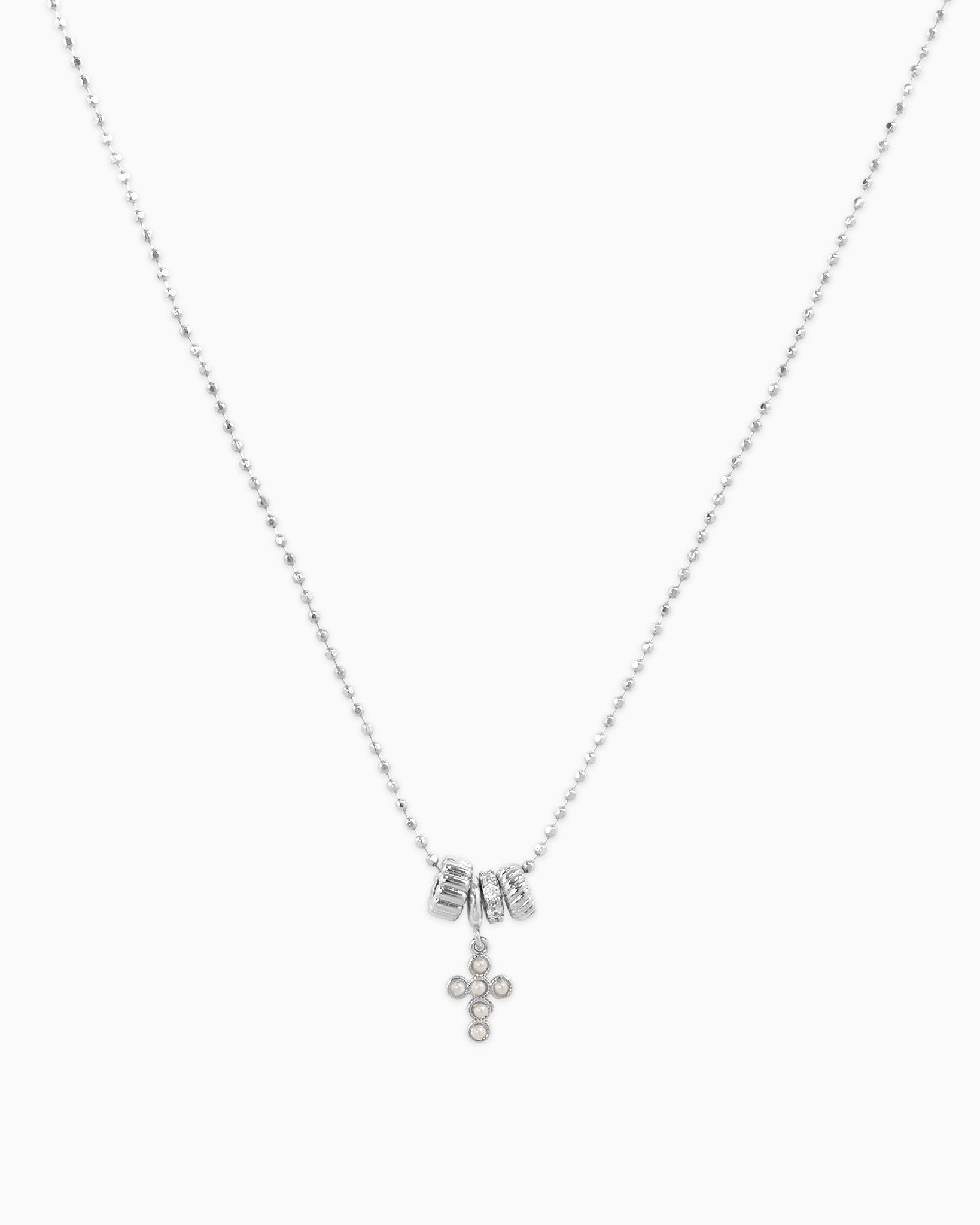 Rondelle Charm CZ Pearl Cross Pendant Necklace