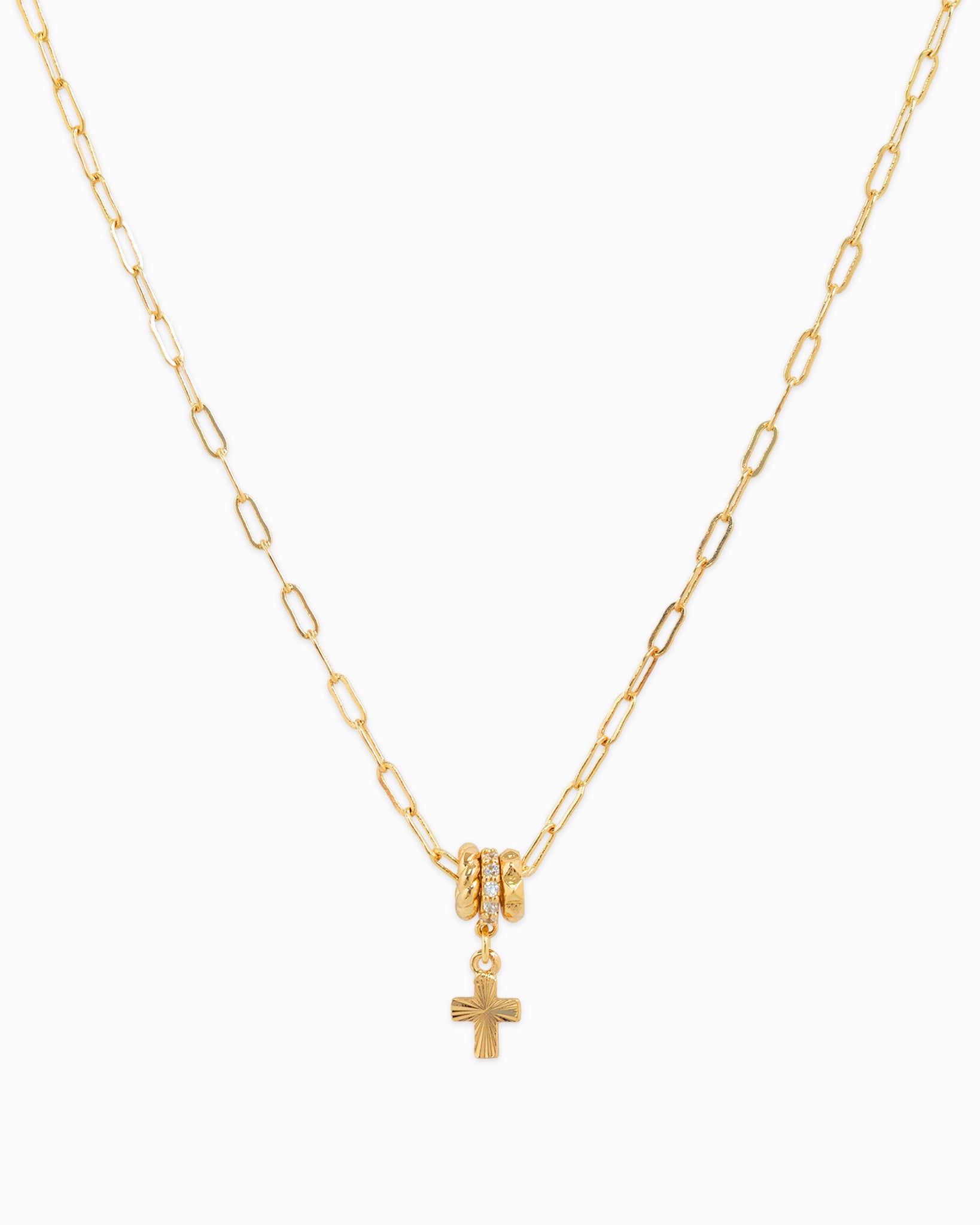 Rondelle CZ Rope Cross 3-Charm Necklace