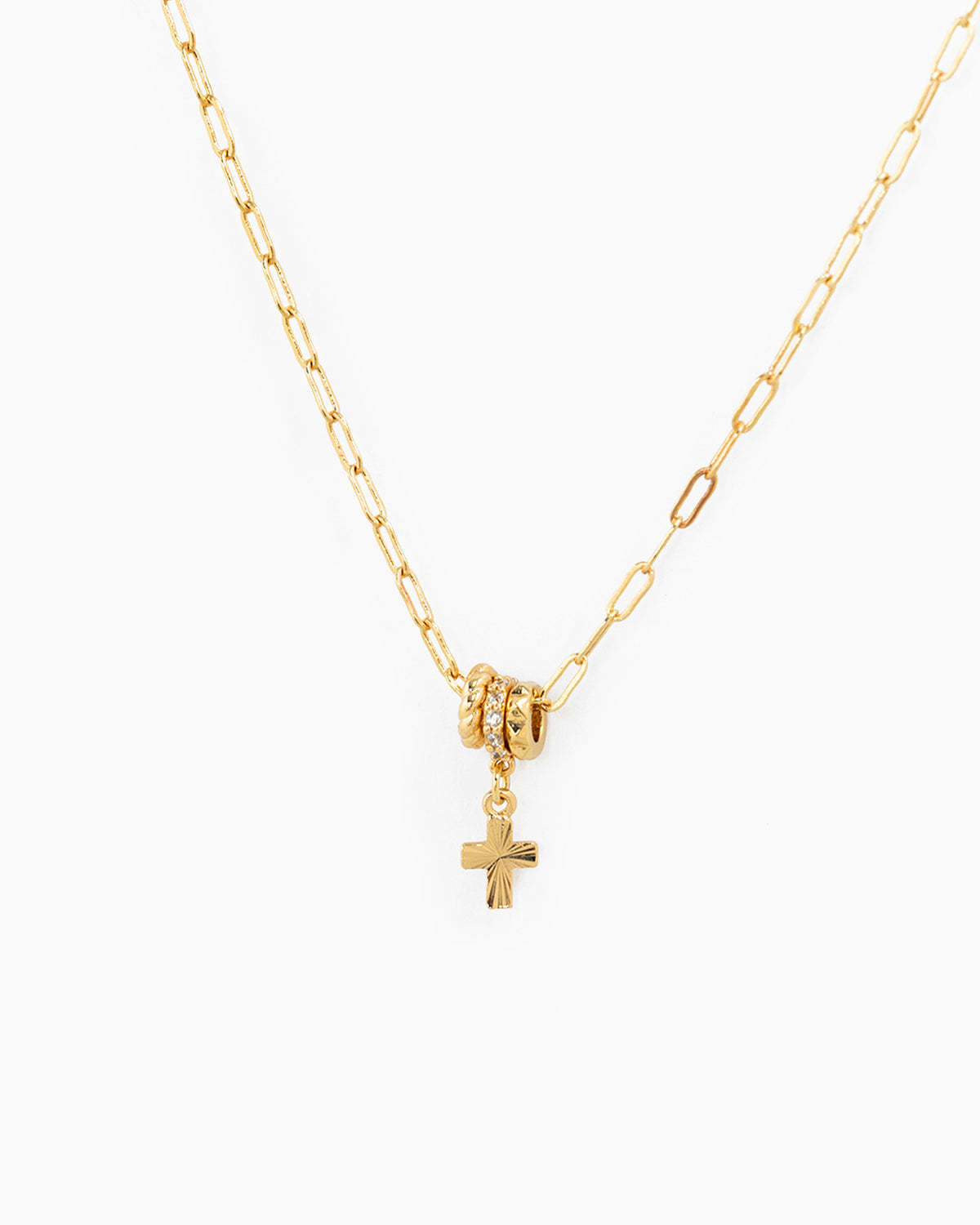 Rondelle CZ Rope Cross 3-Charm Necklace-3