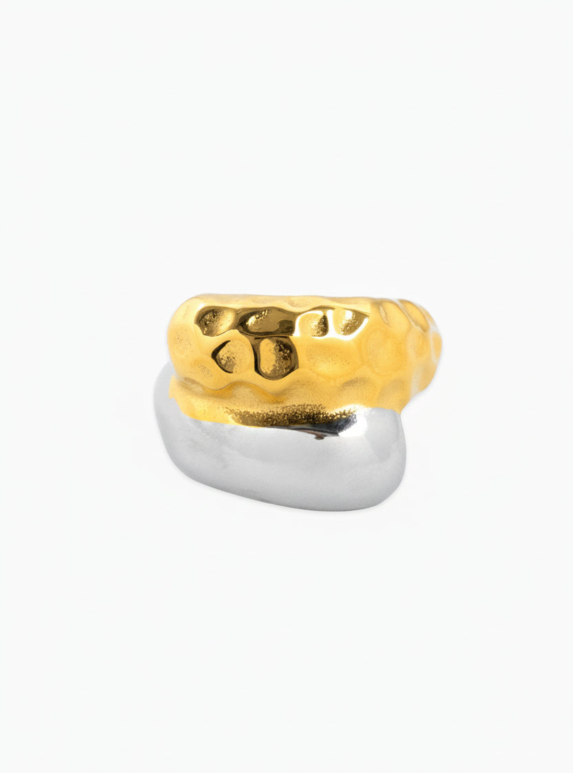Stainless Two Tone Half Hammered Ring