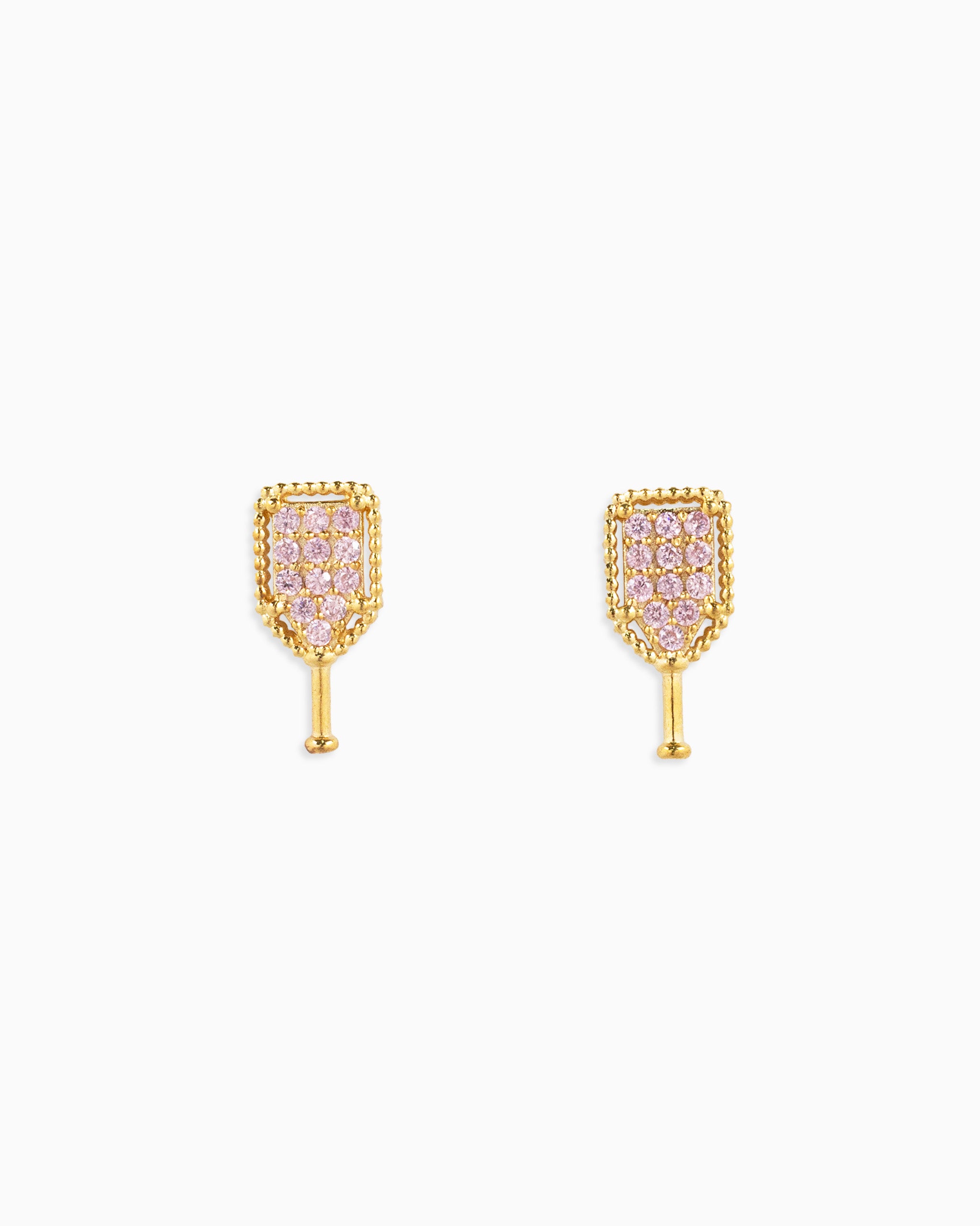 gold pavé pink CZ pickleball stud earring