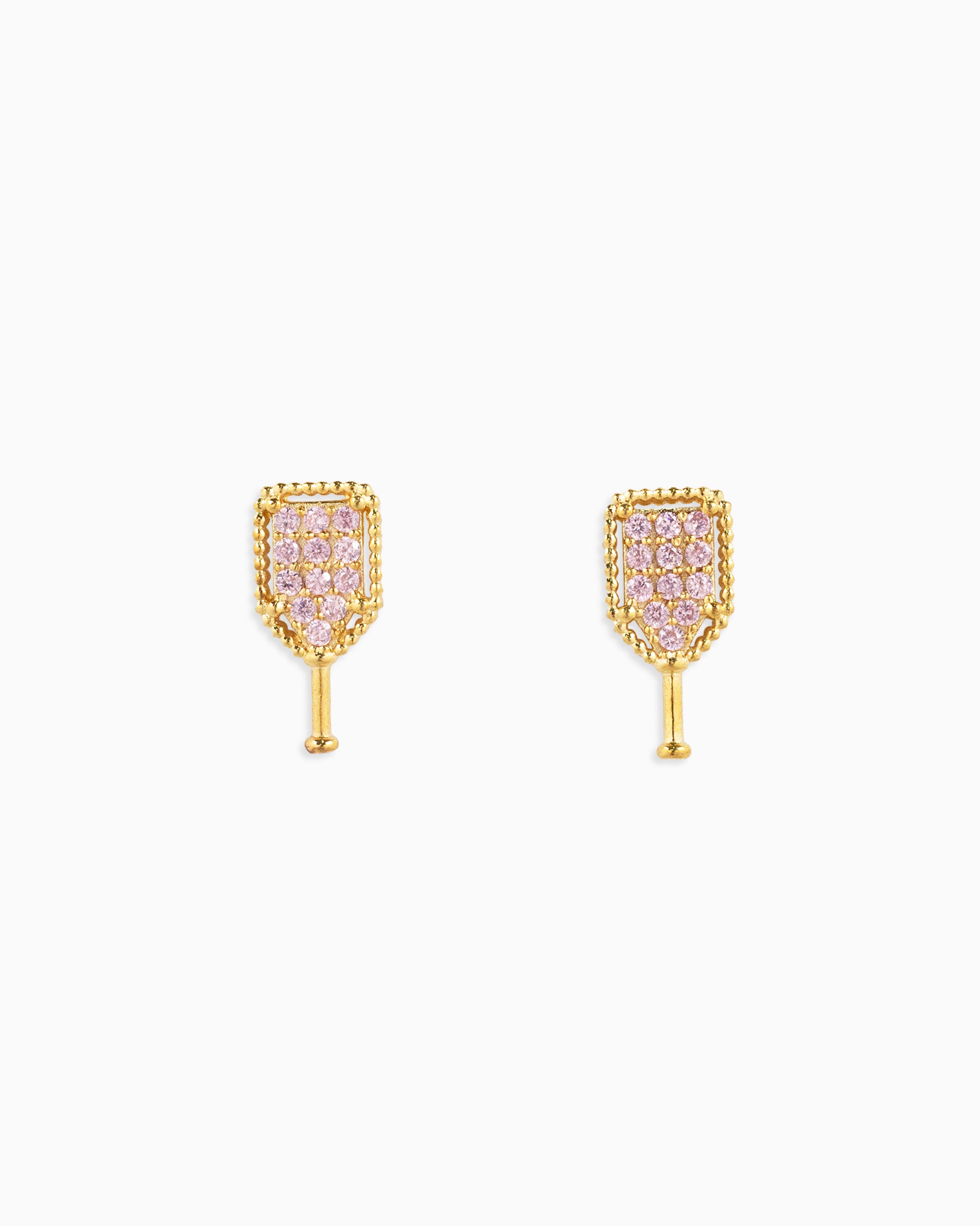 gold pavé pink CZ pickleball stud earring