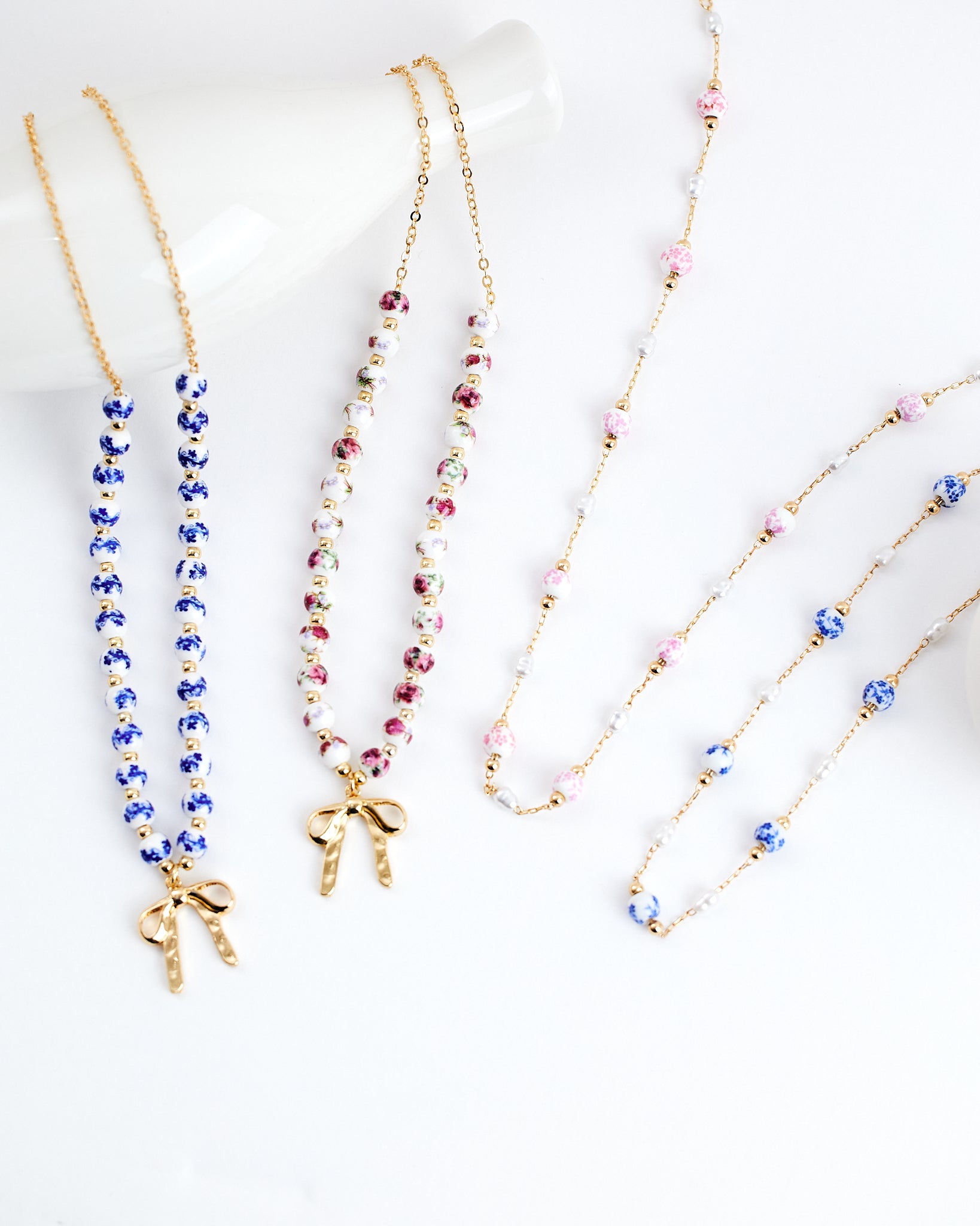 Ceramic Blue Bead Bow Pendant Necklace-6