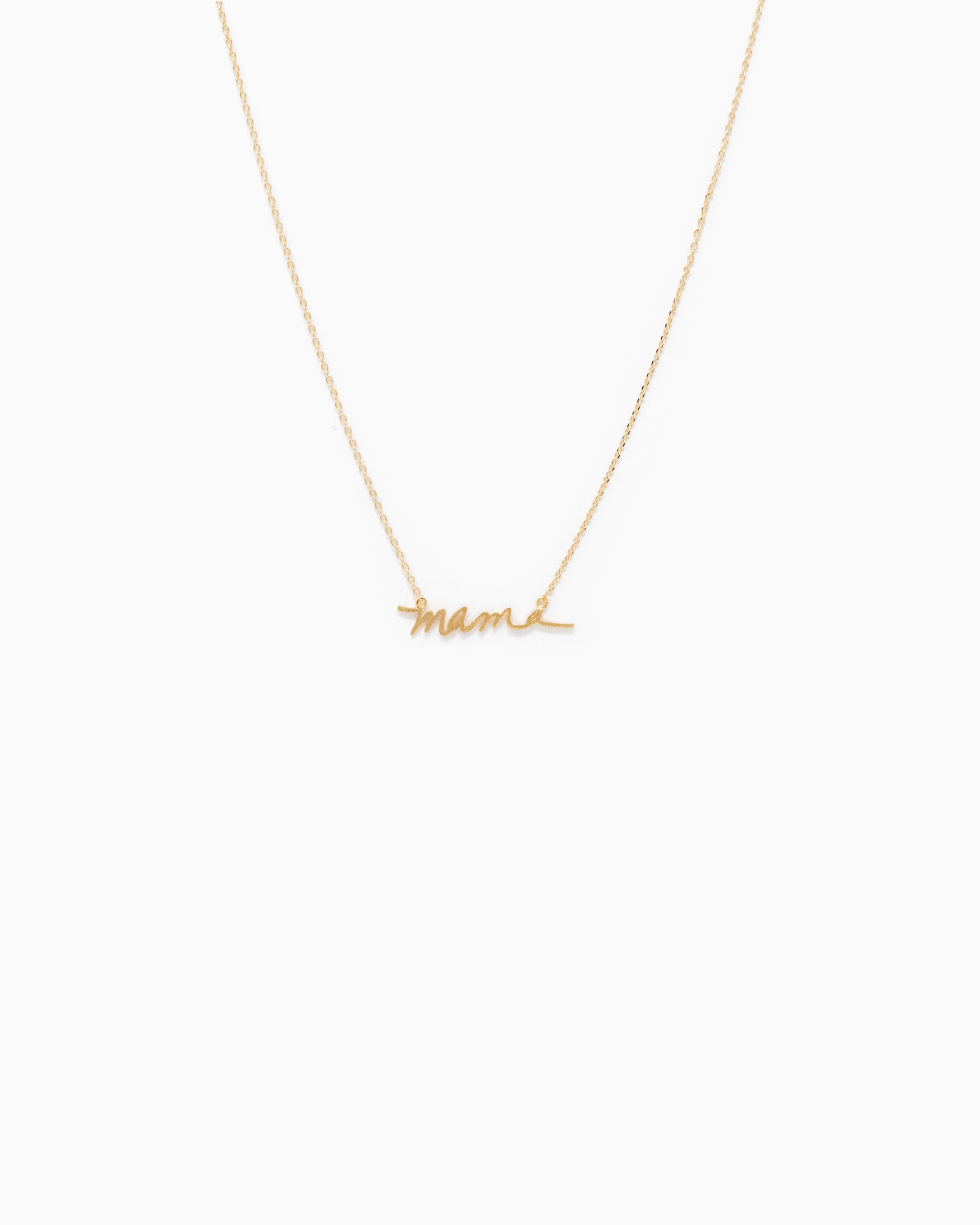 Minimal Cursive Mama Pendant Necklace – Gold on model