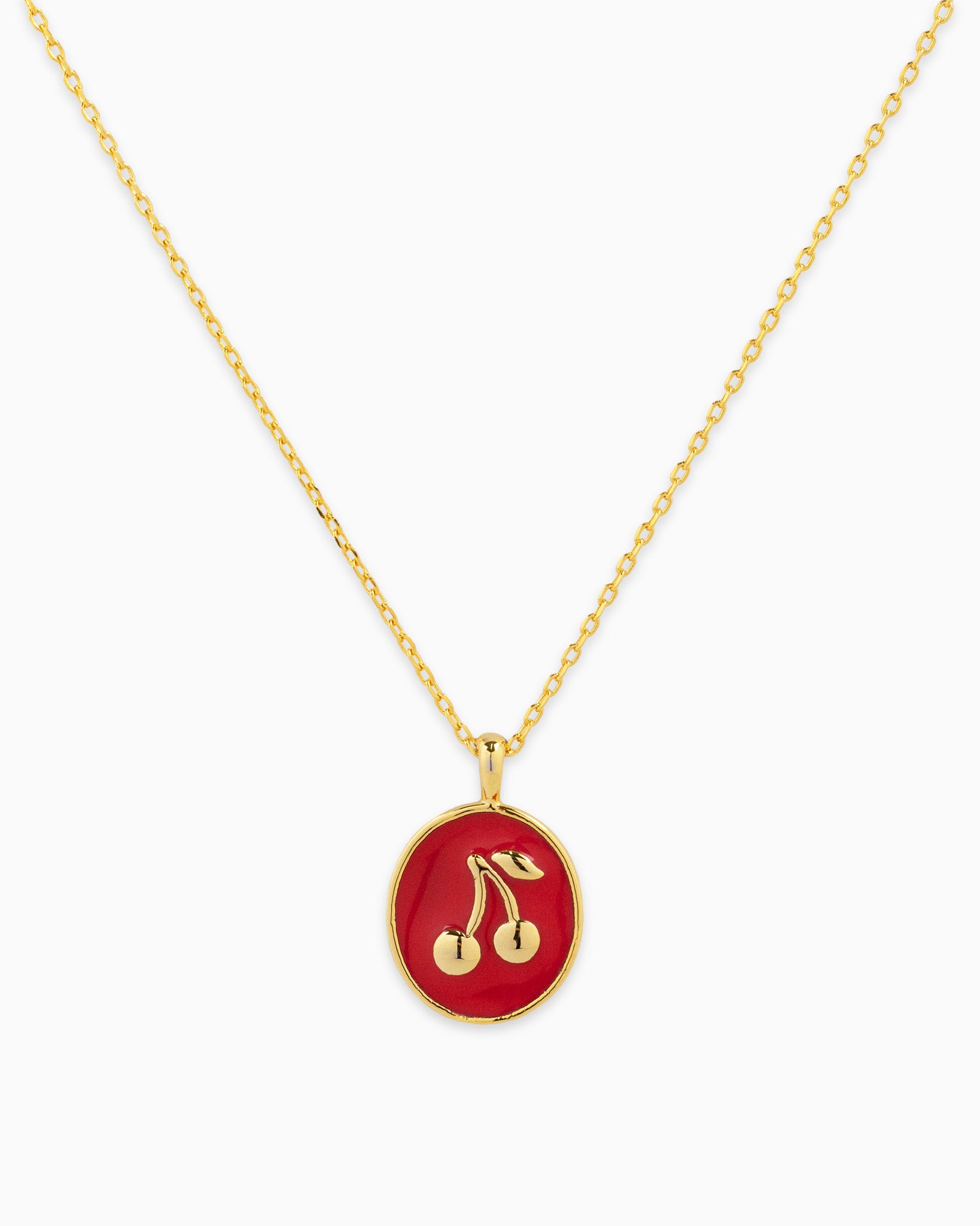 Gold Cherry Oval Colored Stamp Pendant Necklace