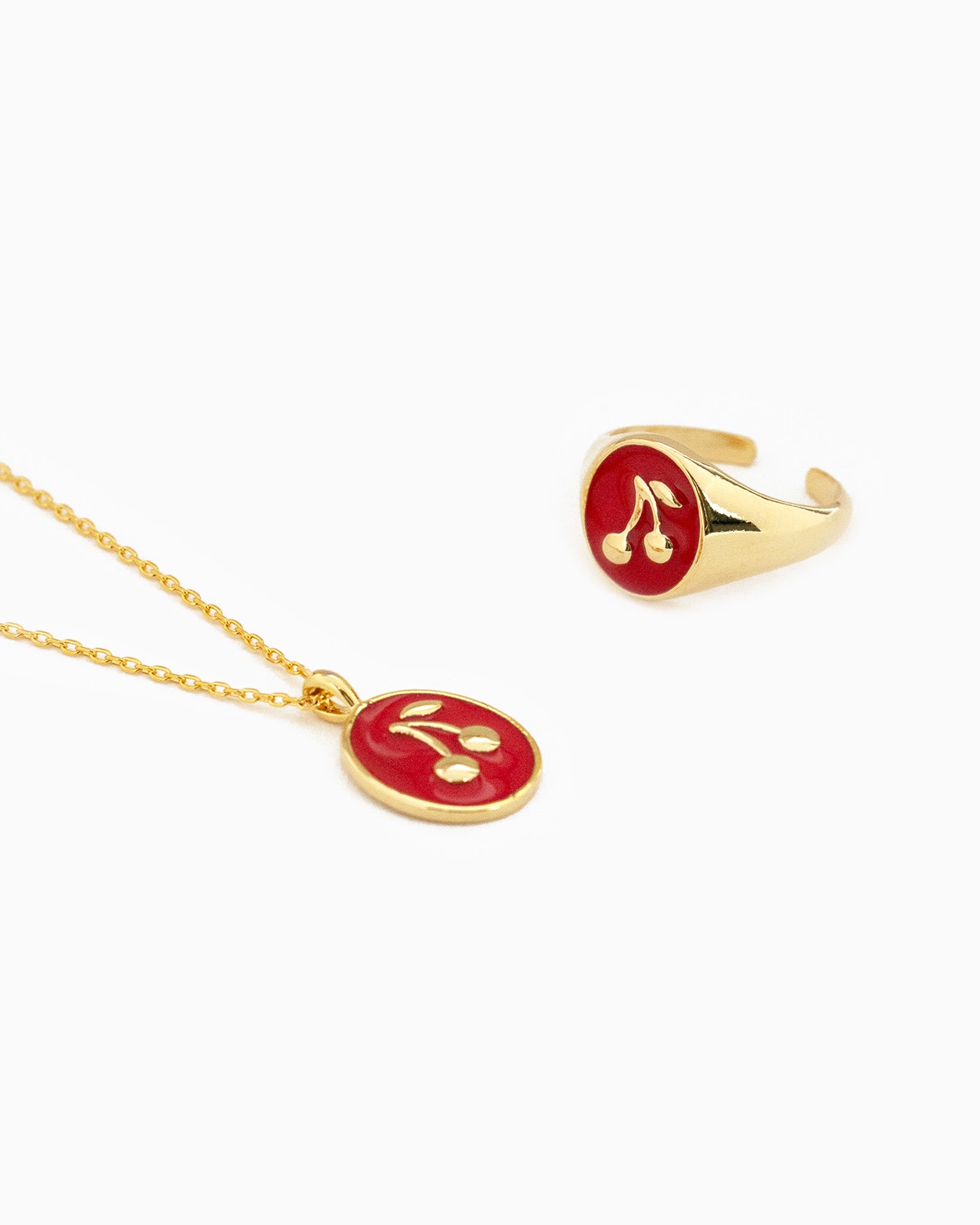 Gold Cherry Oval Colored Stamp Pendant Necklace