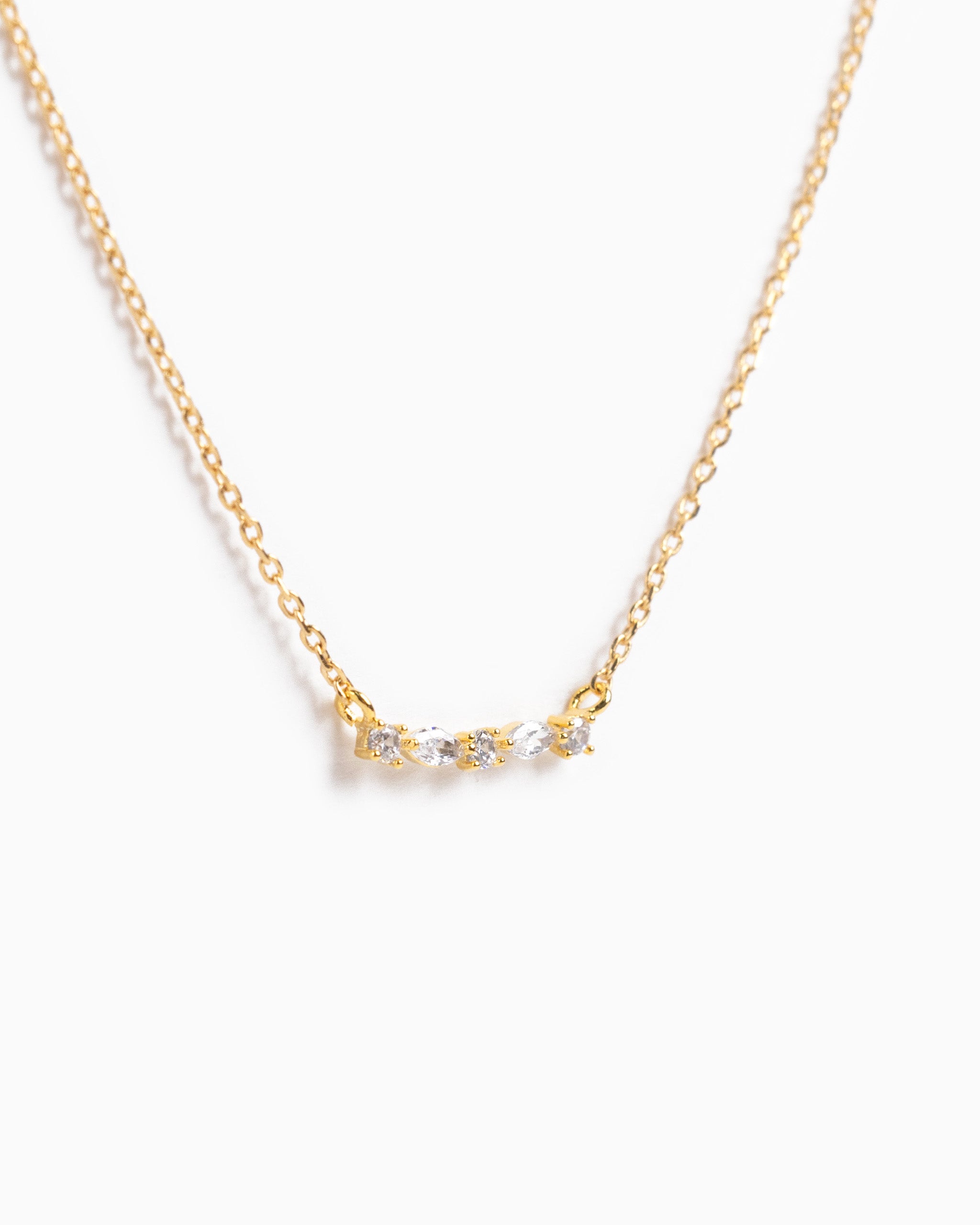 Pear & Round CZ curve bar necklace