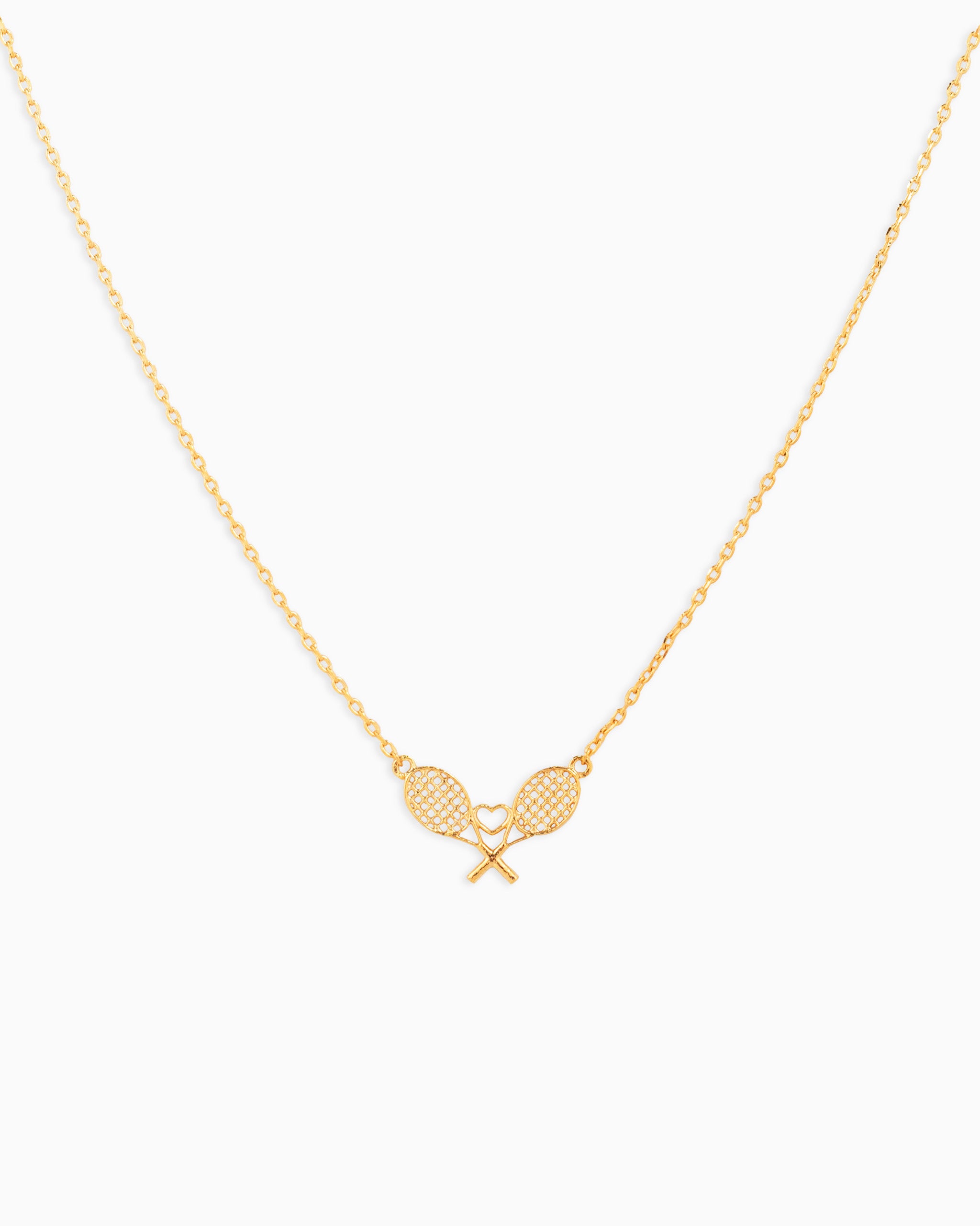 Open tennis racket pair w/ heart pendant necklace
