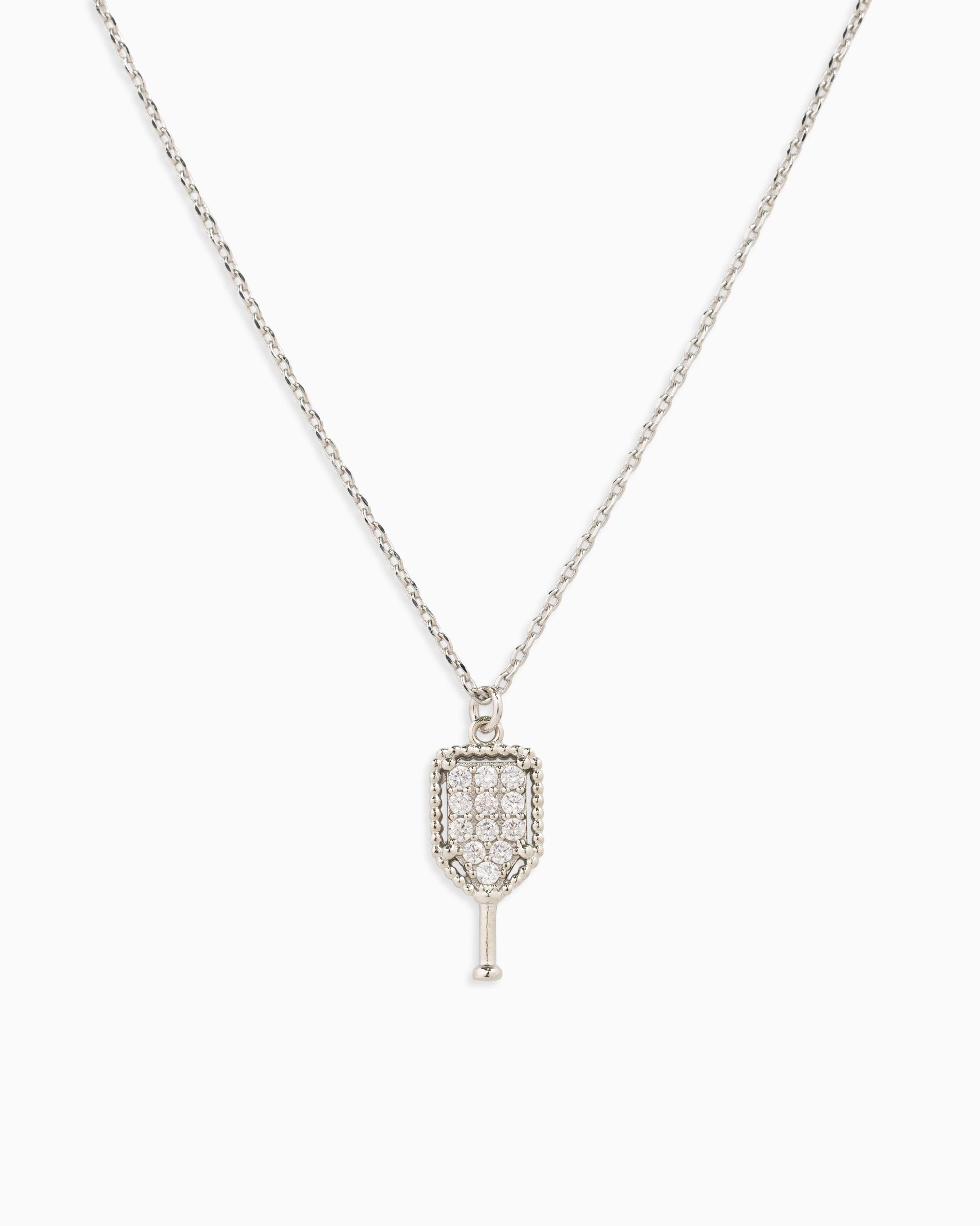 silver pickleball pendant necklace with pavé CZ