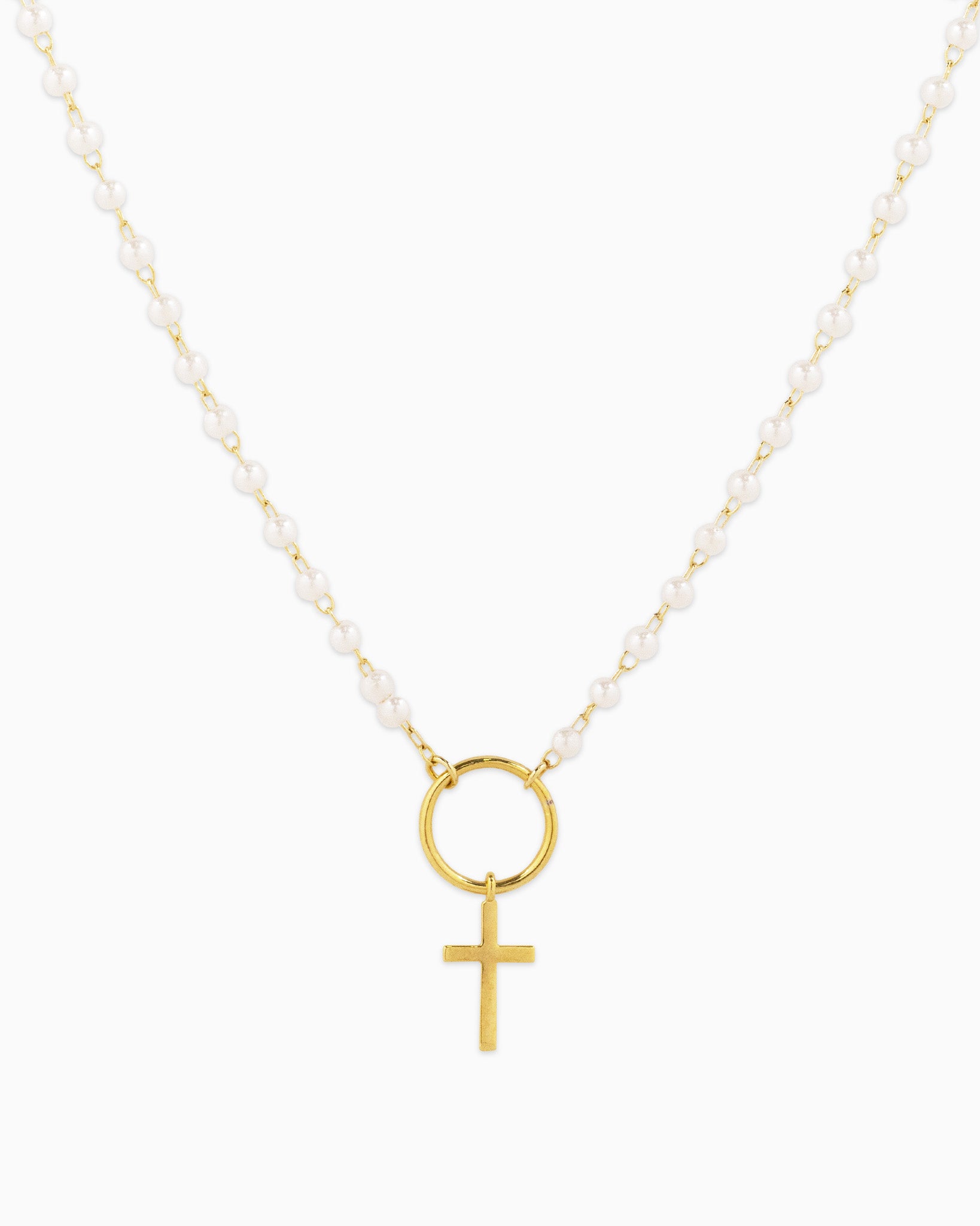 Dainty Cross and Circle Link Drop with Acrylic Pearl Chain Necklace