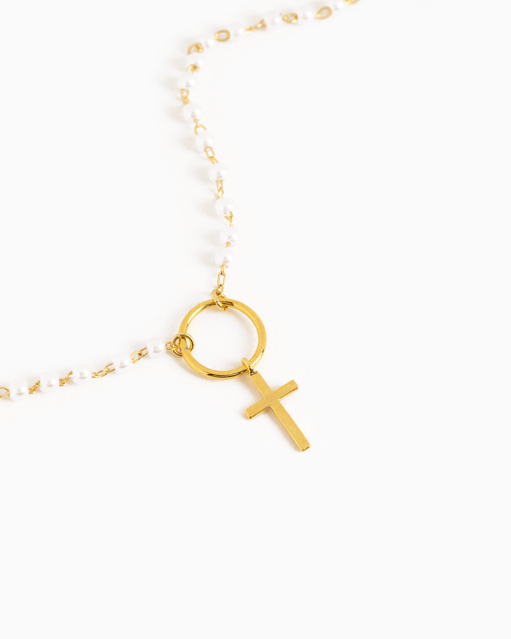 Dainty Cross and Circle Link Drop with Acrylic Pearl Chain Necklace