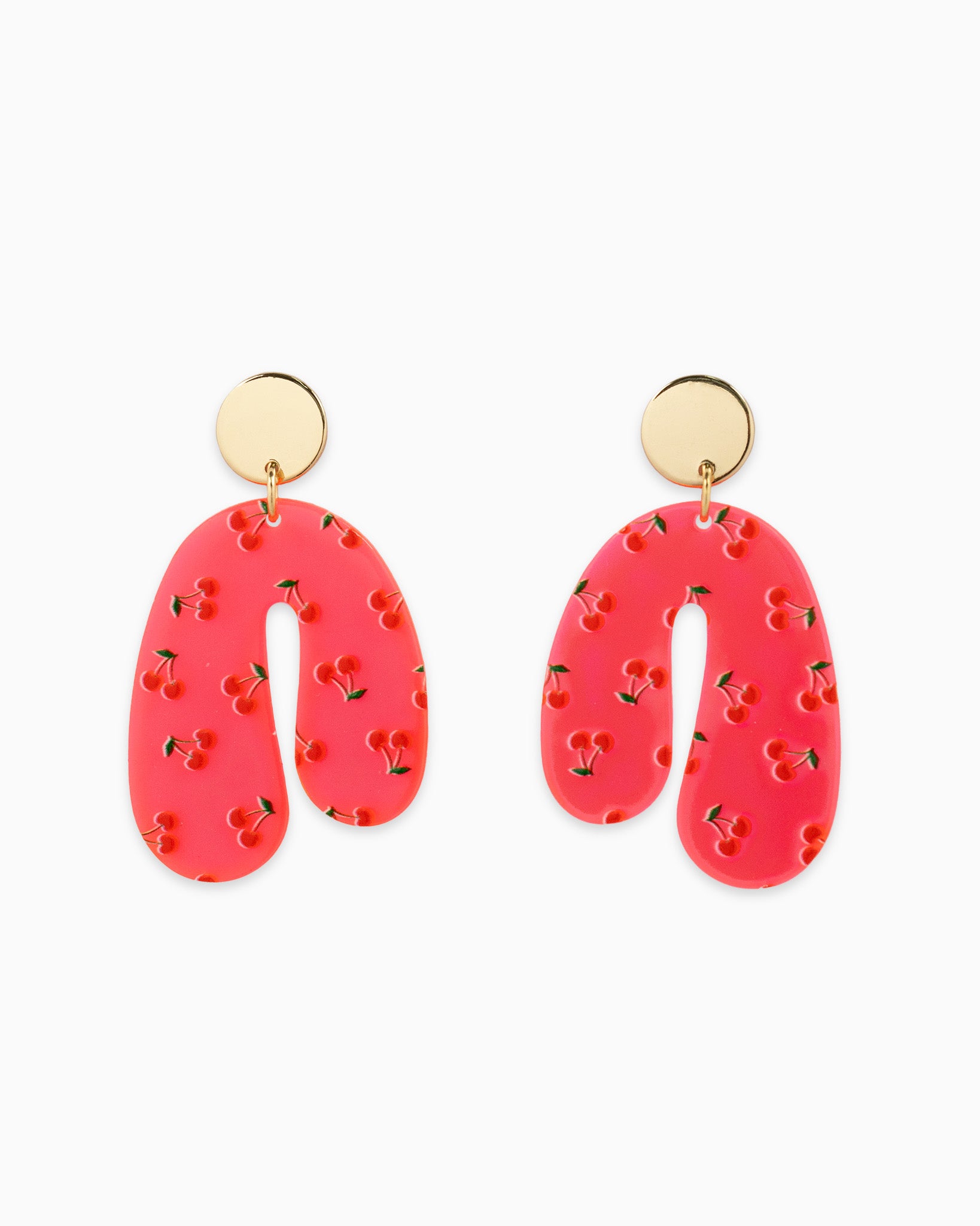 Cherry Print Abstract Neon Pink U-Shape Drop Earrings