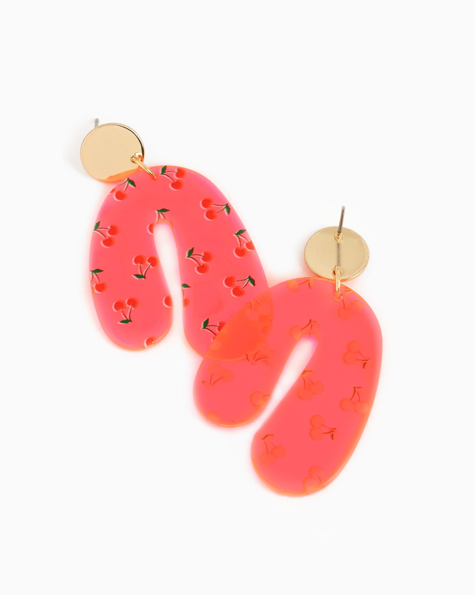 Cherry Print Abstract Neon Pink U-Shape Drop Earrings