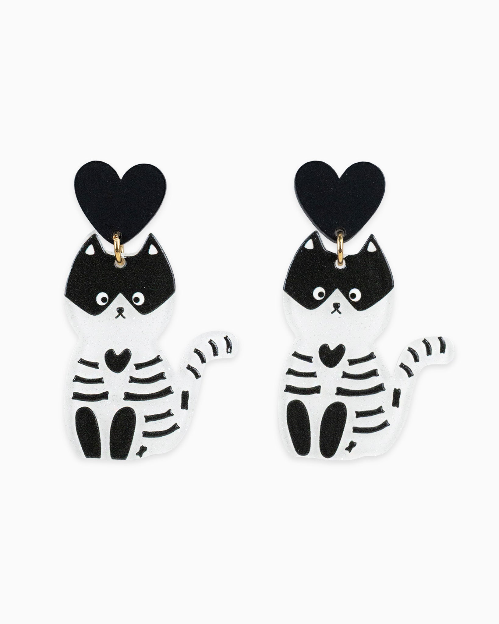 Adorable Black & White Shimmer Halloween Cat Drop Earrings