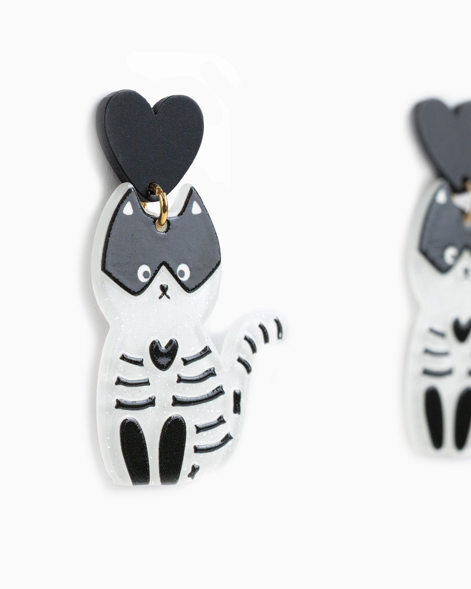 Adorable Black & White Shimmer Halloween Cat Drop Earrings