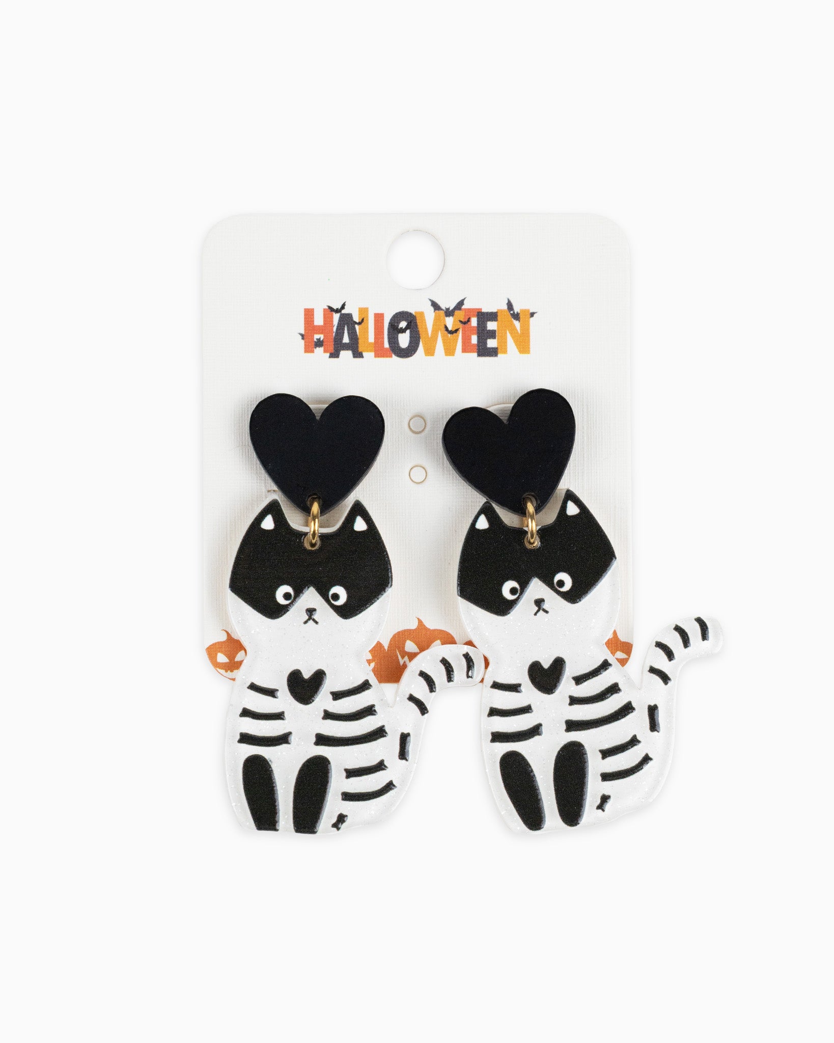 Adorable Black & White Shimmer Halloween Cat Drop Earrings