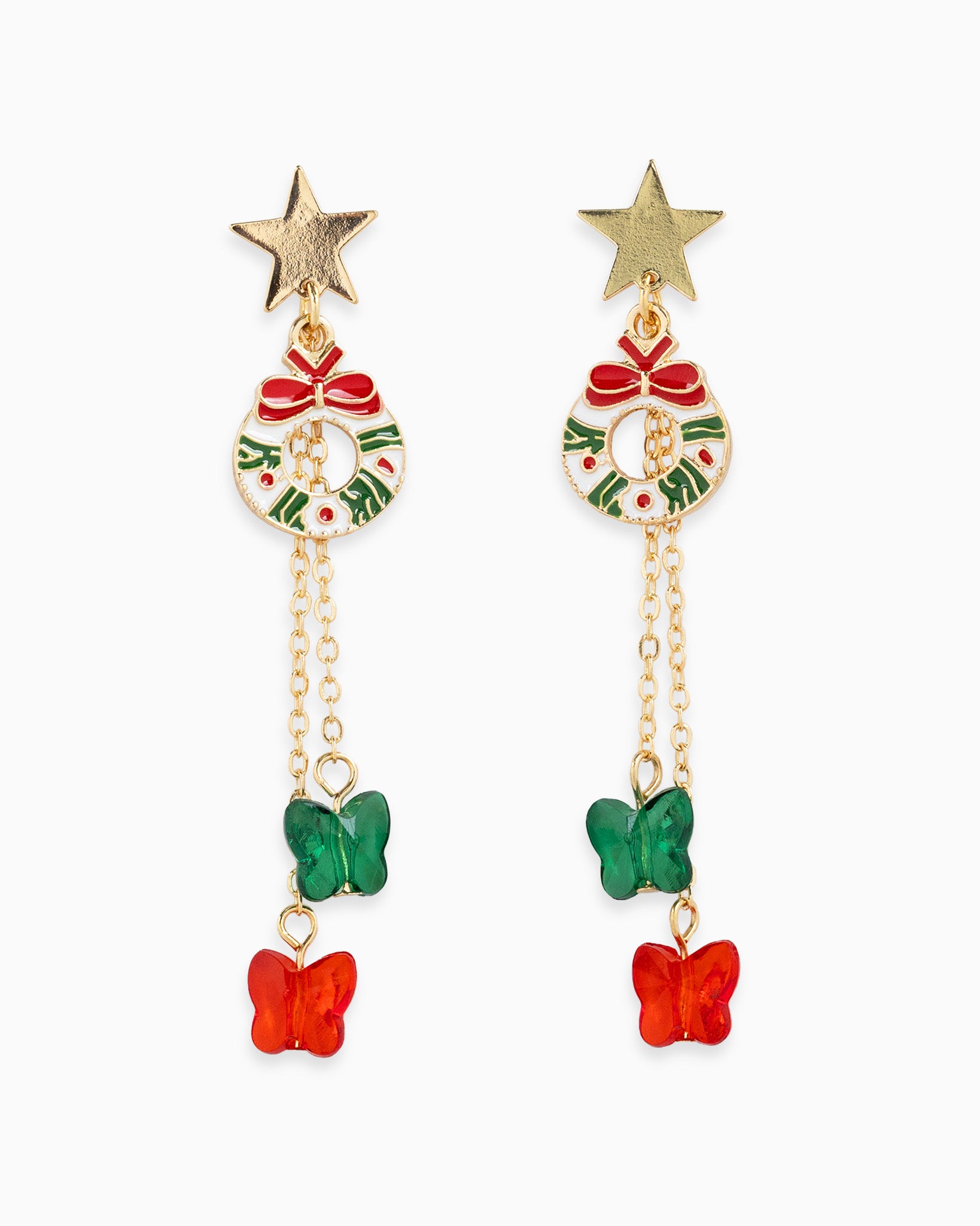 Extravagant Christmas Wreath Star Butterfly Drop Earrings