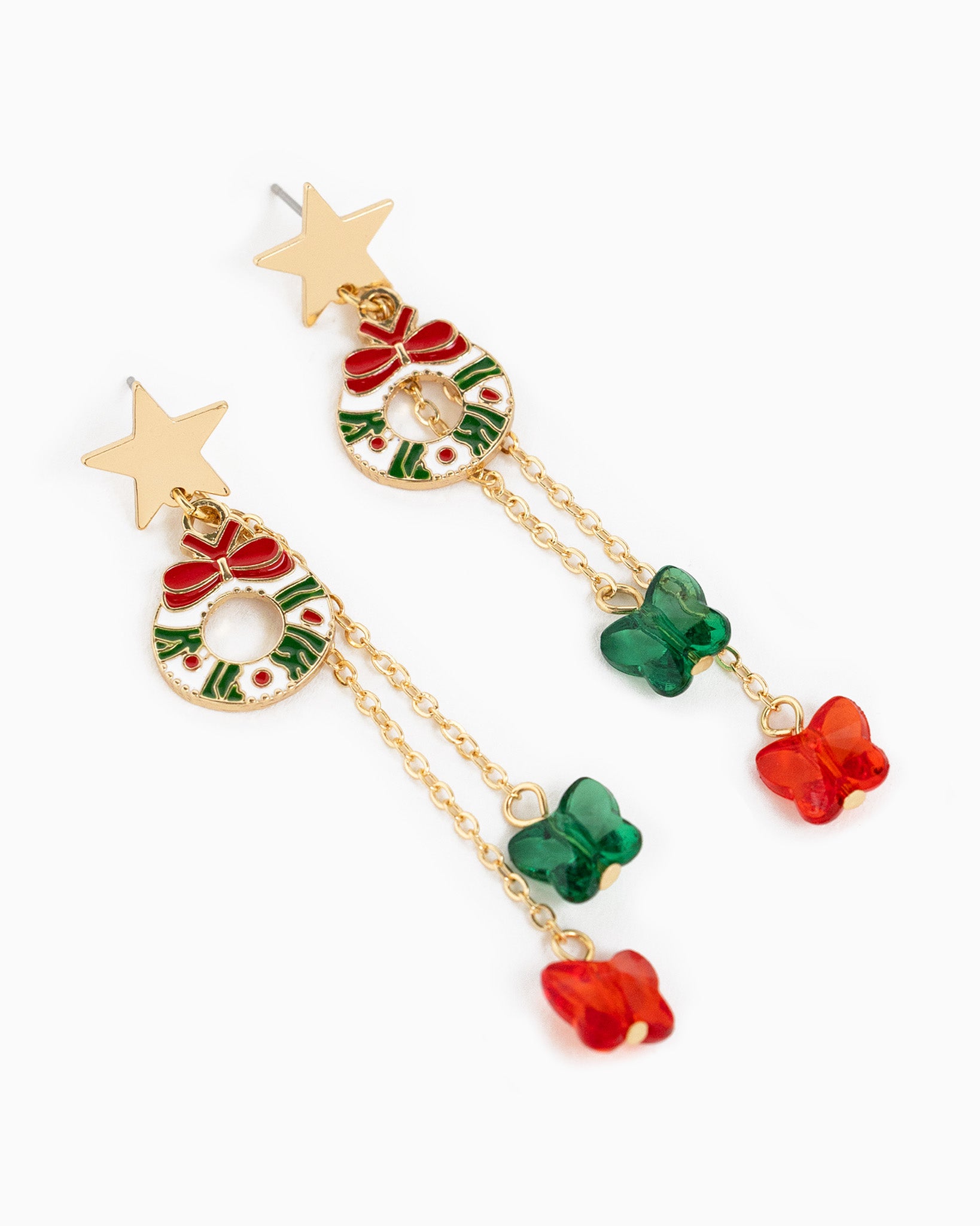 Extravagant Christmas Wreath Star Butterfly Drop Earrings