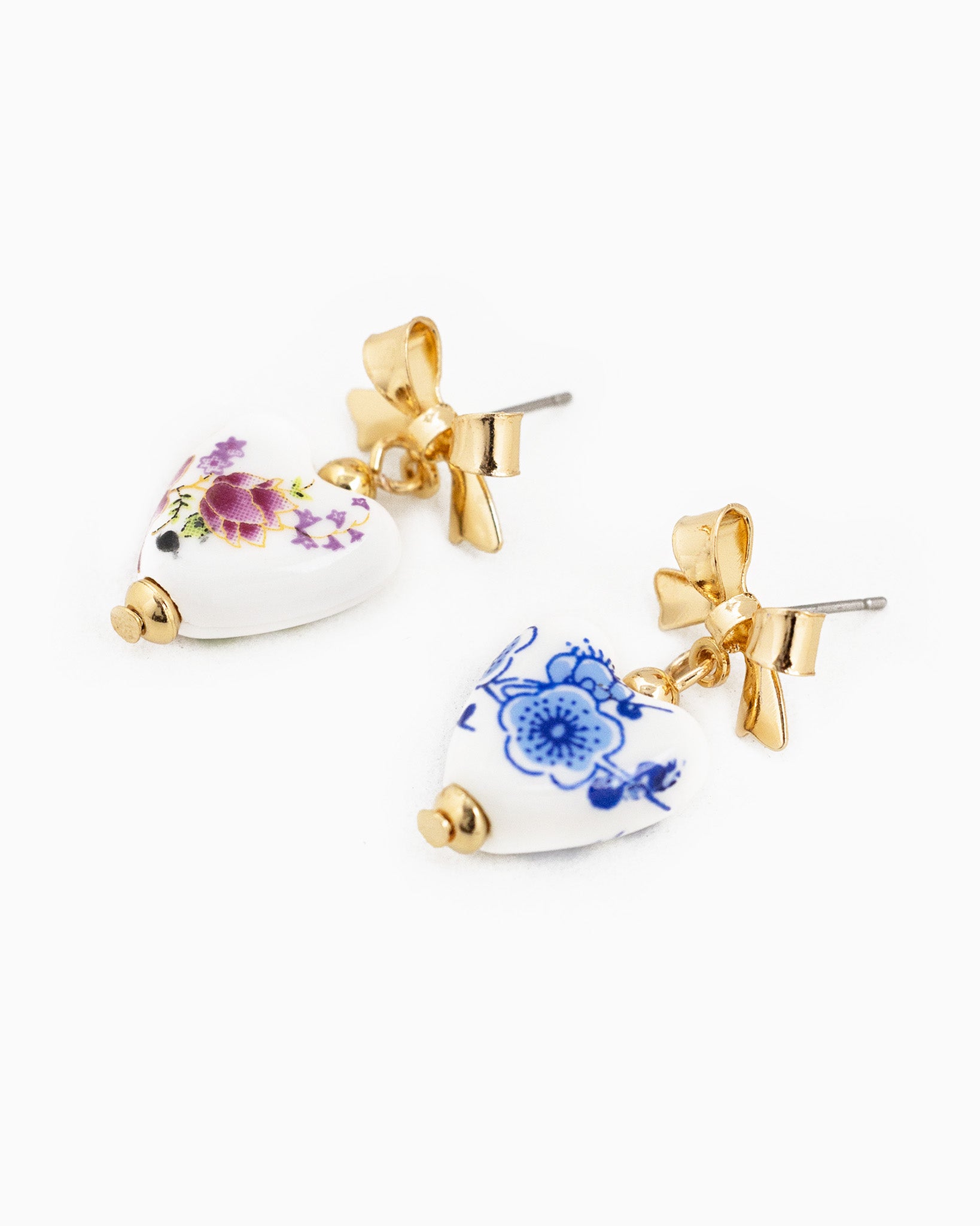 Gold Bow Ceramic Blue Heart Drop Earrings