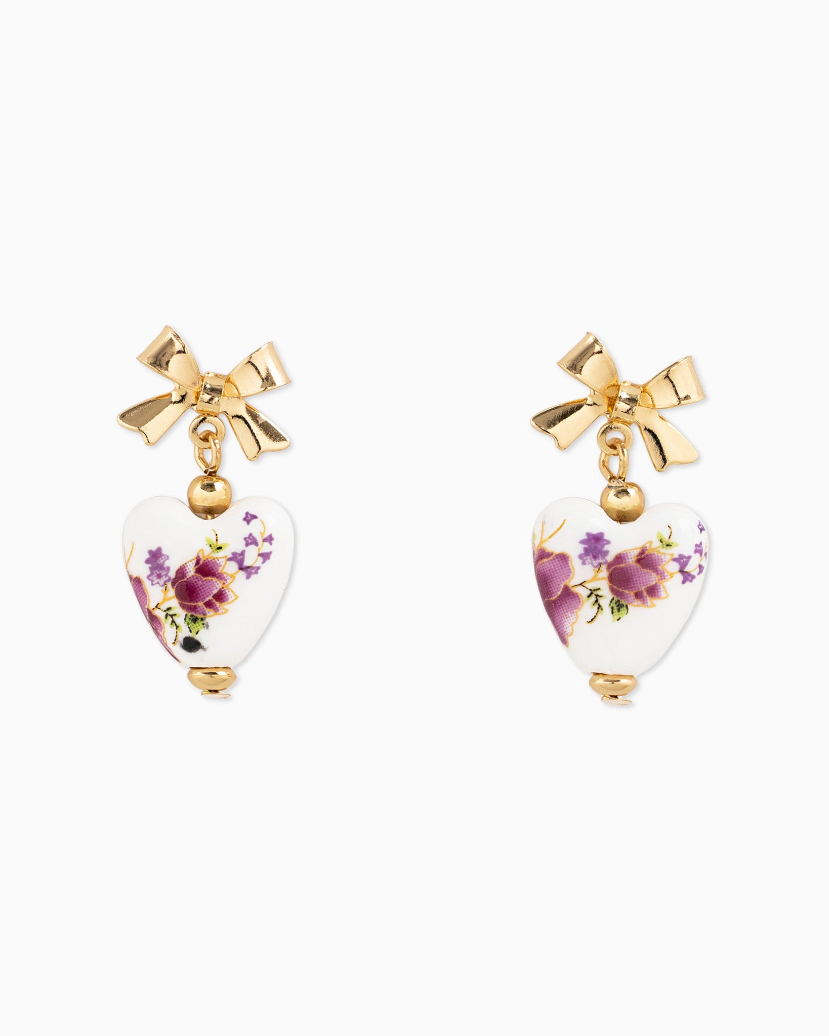 Gold Bow Ceramic Pink Heart Drop Earrings