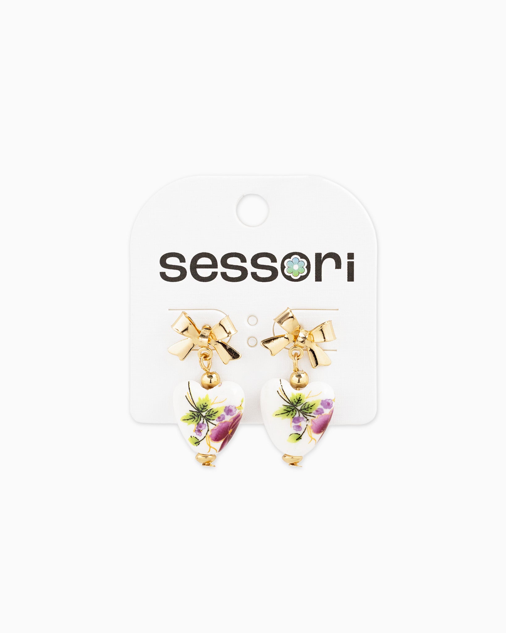 Gold Bow Ceramic Pink Heart Drop Earrings