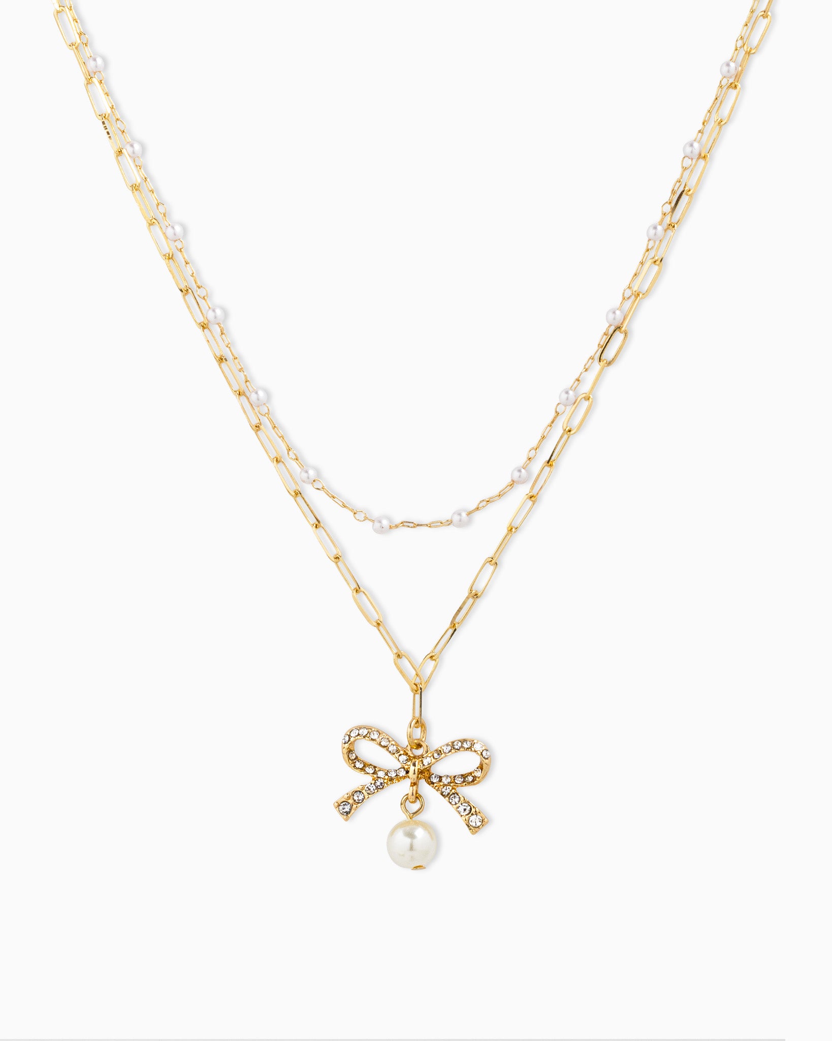 Double Layered Pearl Chain and Bow Pearl Drop Pendant Necklace