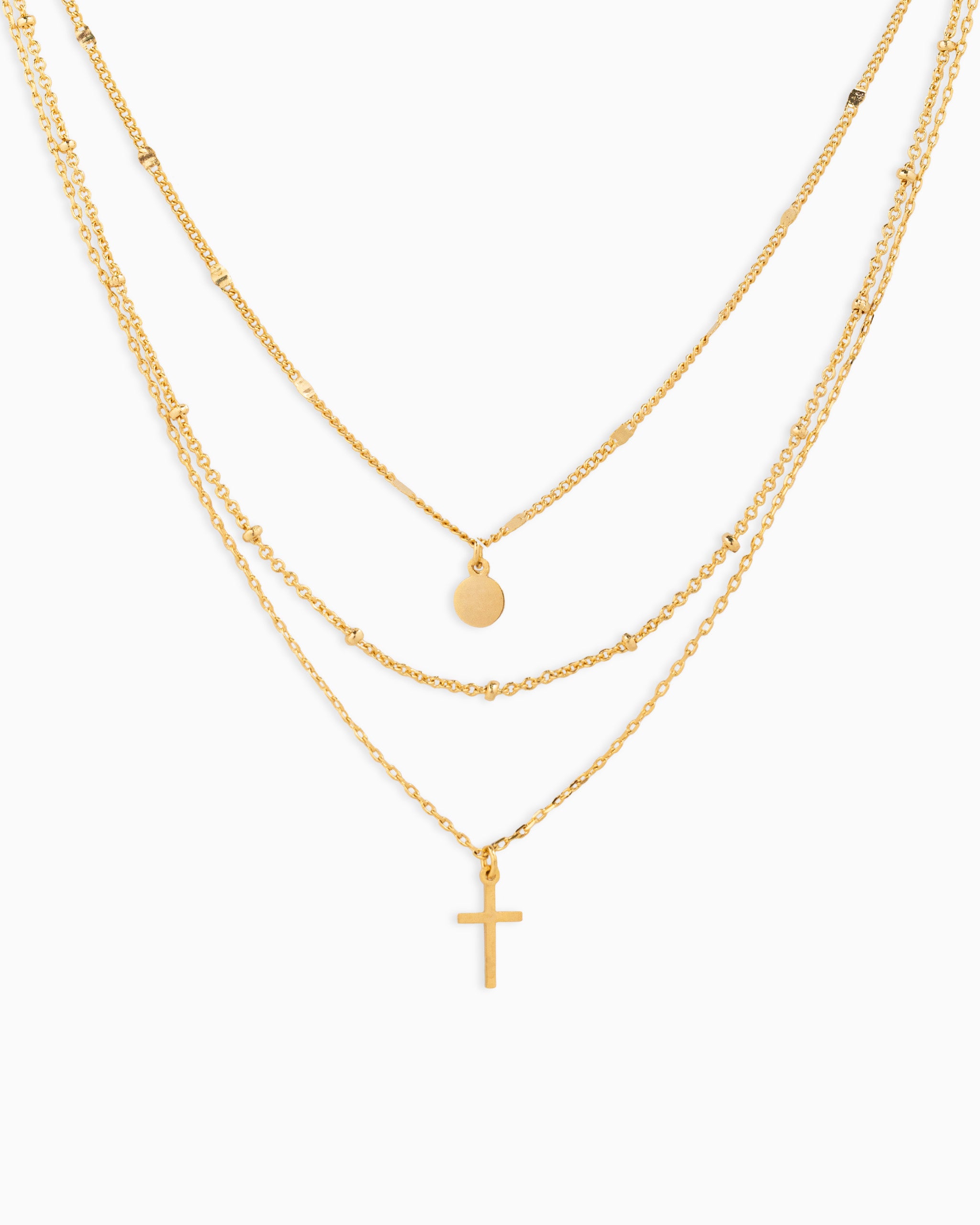 3 layered necklace with cross & disc pendant