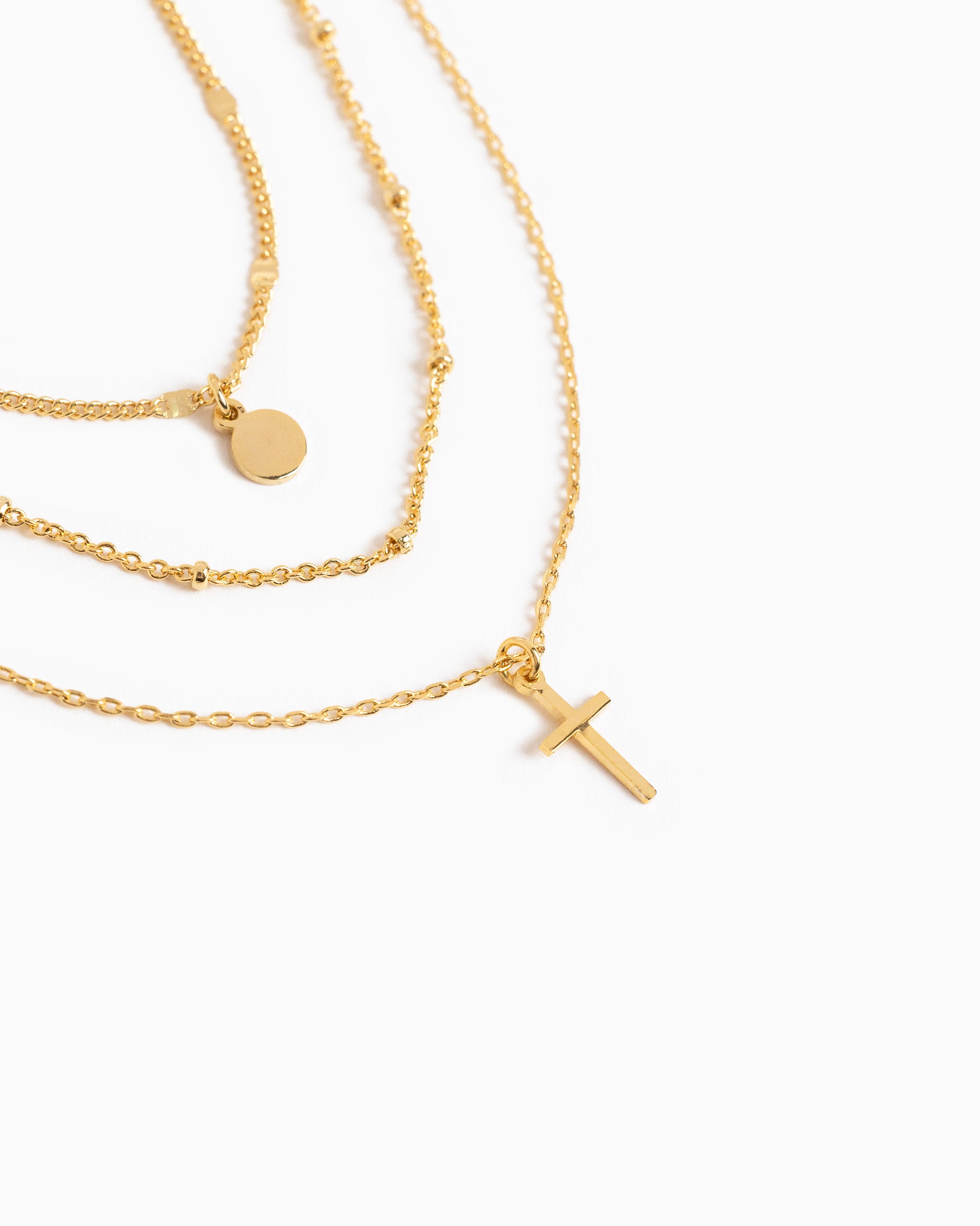 3 layered necklace with cross & disc pendant