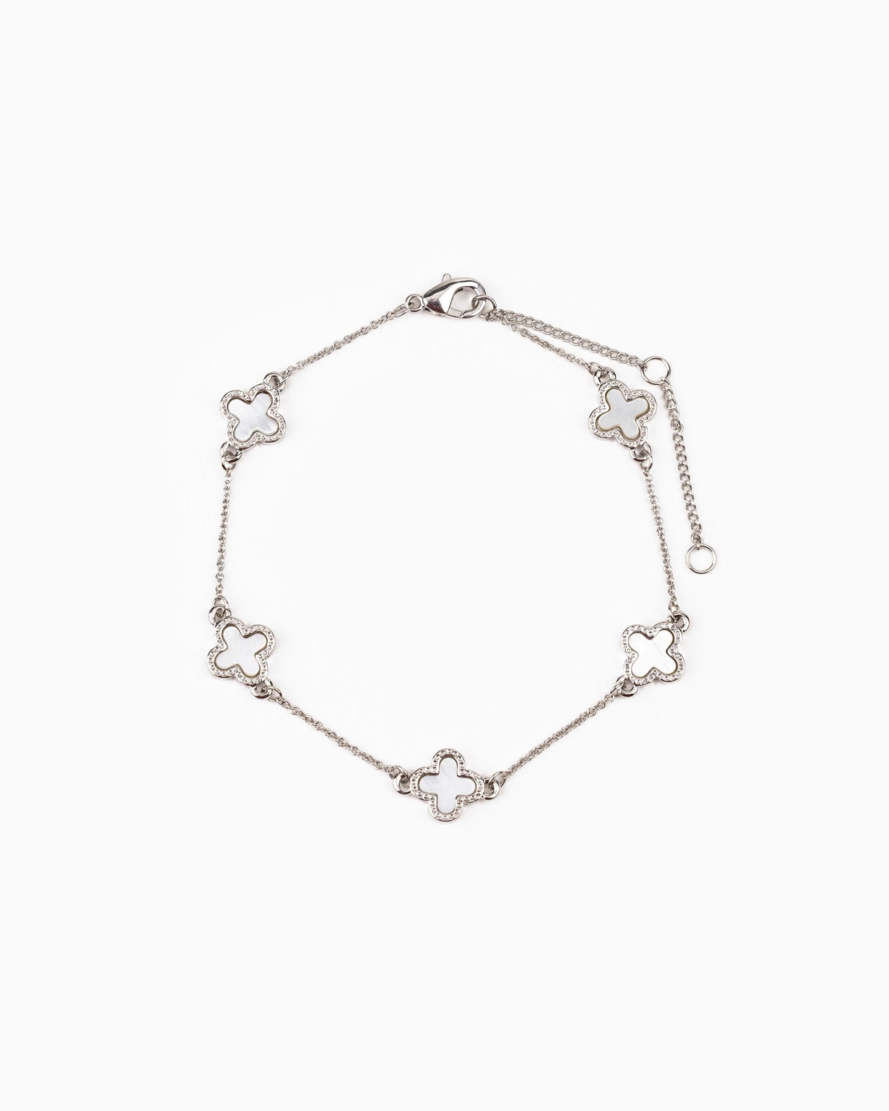 MOP Pearl Clover Station Bracelet Rhodium White